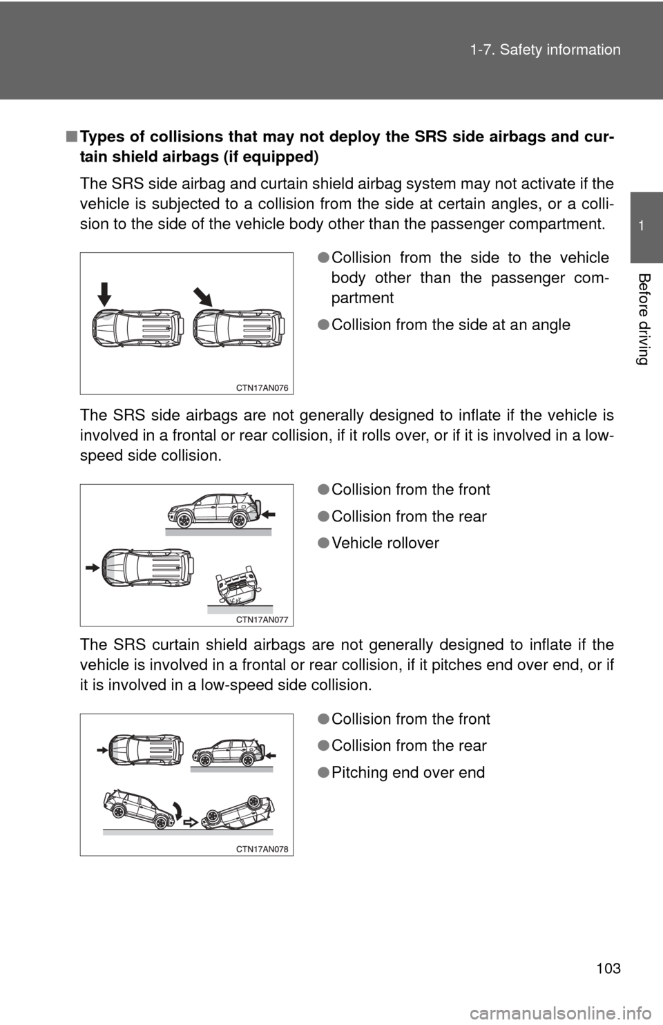 TOYOTA RAV4 2010 XA30 / 3.G Owners Manual 103
1-7. Safety information
1
Before driving
■
Types of collisions that may not deploy the SRS side airbags and cur-
tain shield airbags (if equipped)
The SRS side airbag and curtain shield airbag s TOYOTA RAV4 2010 XA30 / 3.G Owners Manual 103
1-7. Safety information
1
Before driving
■
Types of collisions that may not deploy the SRS side airbags and cur-
tain shield airbags (if equipped)
The SRS side airbag and curtain shield airbag s
