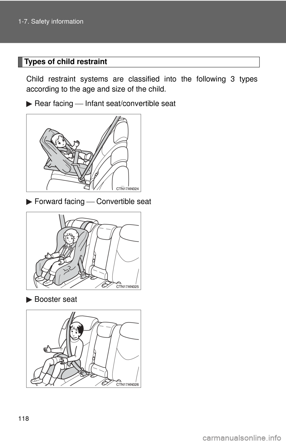 TOYOTA RAV4 2010 XA30 / 3.G Owners Manual 118 1-7. Safety information
Types of child restraintChild restraint systems are clas sified into the following 3 types
according to the age and size of the child.
Rear facing Infant seat/converti TOYOTA RAV4 2010 XA30 / 3.G Owners Manual 118 1-7. Safety information
Types of child restraintChild restraint systems are clas sified into the following 3 types
according to the age and size of the child.
Rear facing Infant seat/converti
