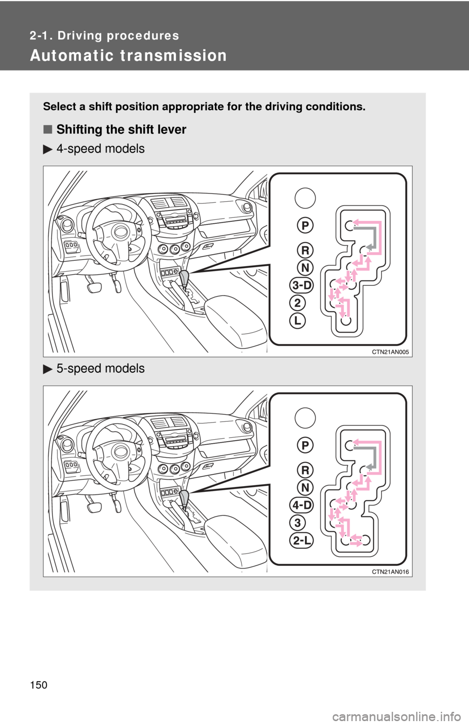 TOYOTA RAV4 2010 XA30 / 3.G Owners Manual 150
2-1. Driving procedures
Automatic transmission
Select a shift position appropriate for the driving conditions.
■Shifting the shift lever
4-speed models
5-speed models TOYOTA RAV4 2010 XA30 / 3.G Owners Manual 150
2-1. Driving procedures
Automatic transmission
Select a shift position appropriate for the driving conditions.
■Shifting the shift lever
4-speed models
5-speed models
