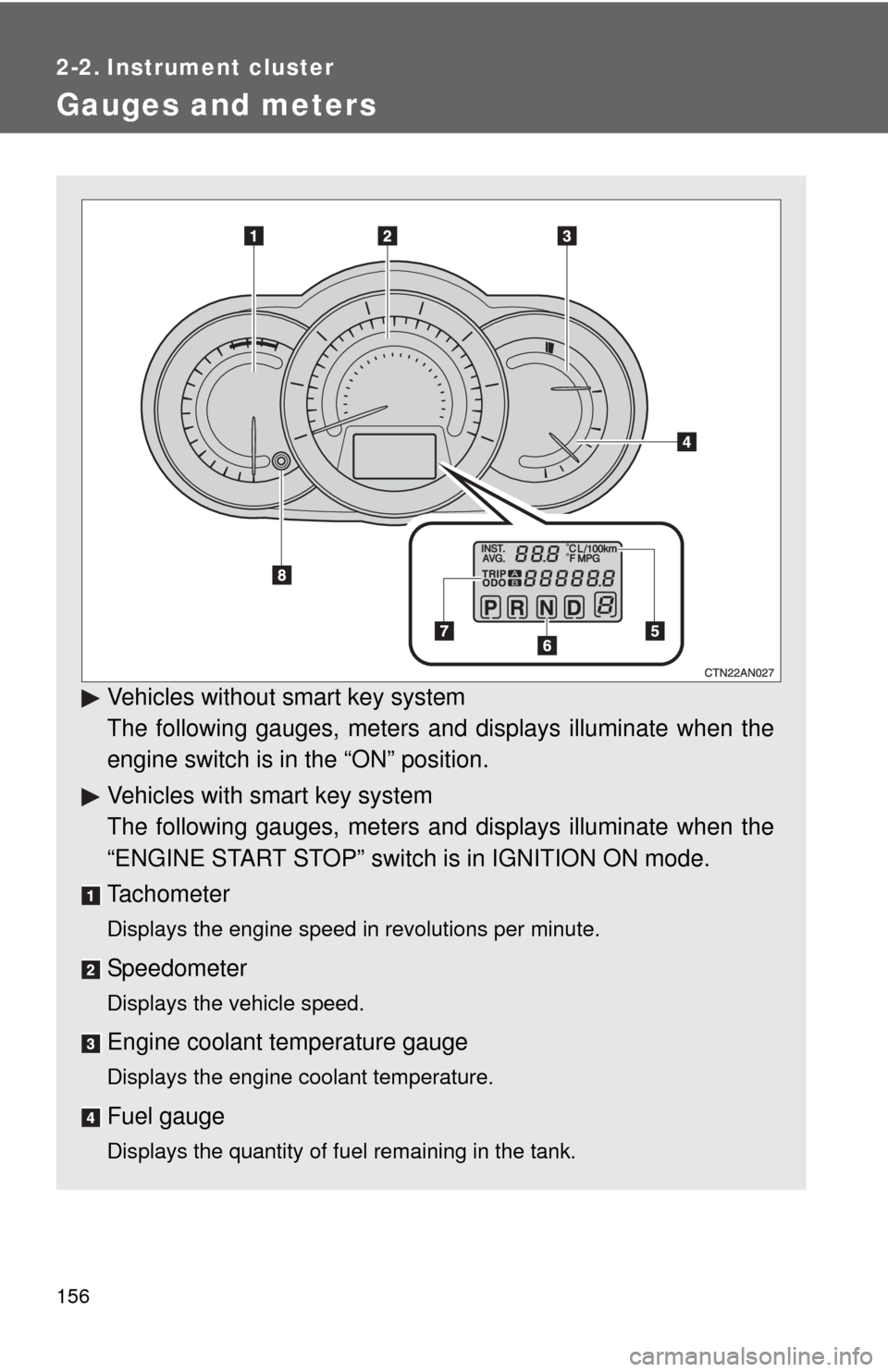 TOYOTA RAV4 2010 XA30 / 3.G Owners Manual 156
2-2. Instrument cluster
Gauges and meters
Vehicles without smart key system
The following gauges, meters and displays illuminate when the
engine switch is in the “ON” position.
Vehicles with s