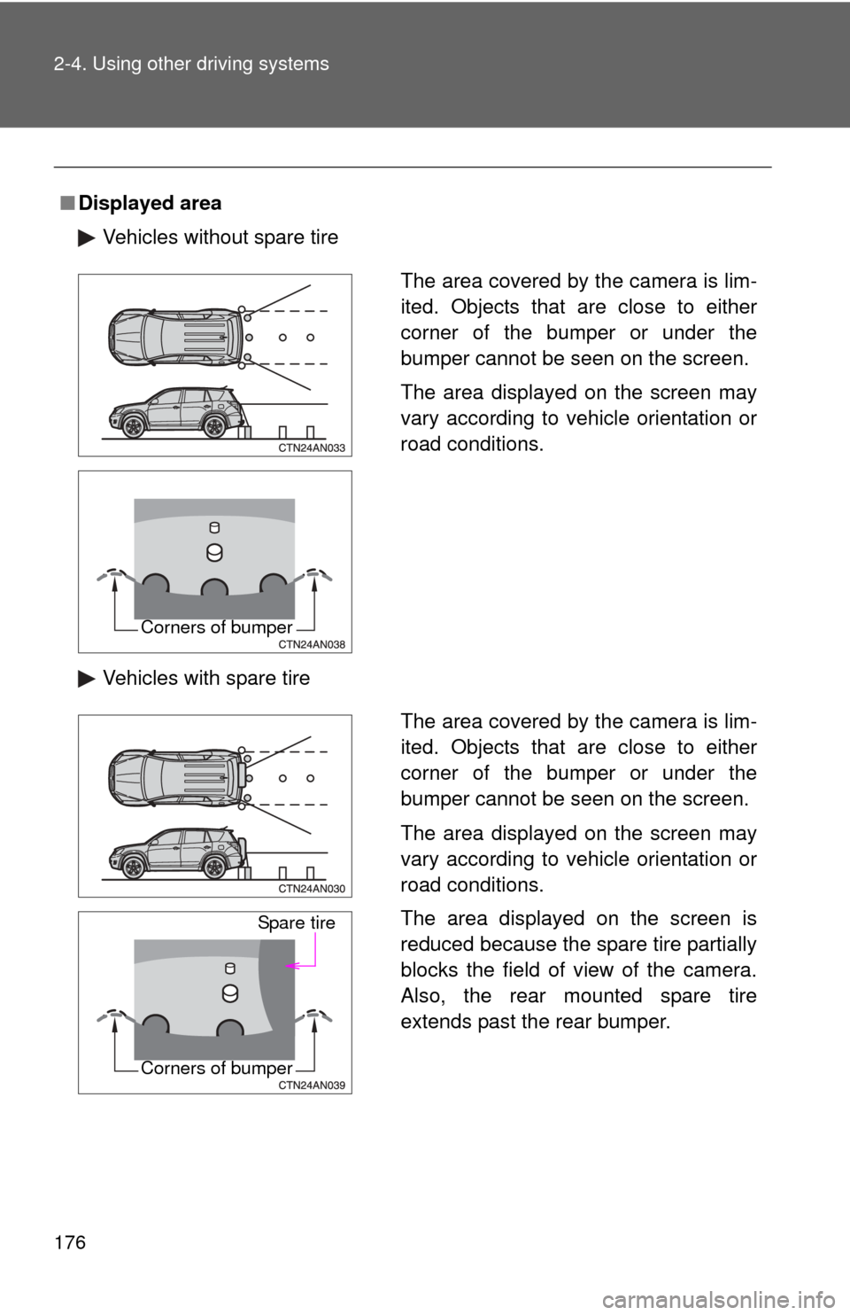 TOYOTA RAV4 2010 XA30 / 3.G Owners Manual 176 2-4. Using other driving systems
■Displayed area
Vehicles without spare tire
Vehicles with spare tire
The area covered by the camera is lim-
ited. Objects that are close to either
corner of the 