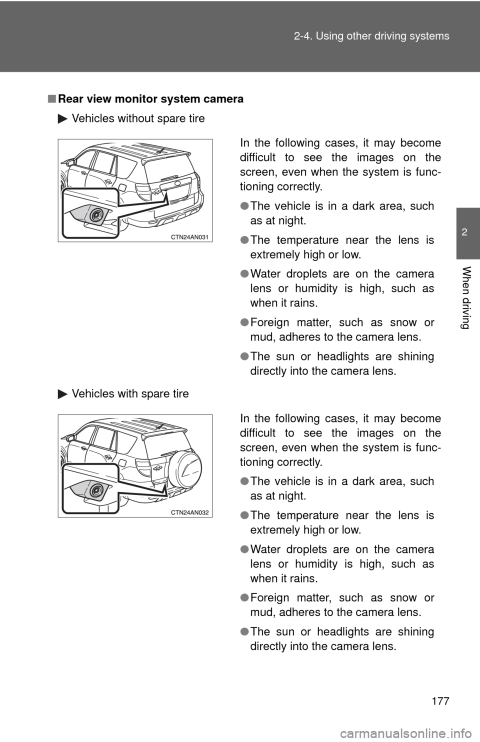 TOYOTA RAV4 2010 XA30 / 3.G Owners Manual 177
2-4. Using other 
driving systems
2
When driving
■Rear view monitor system camera
Vehicles without spare tire
Vehicles with spare tire
In the following cases, it may become
difficult to see the 