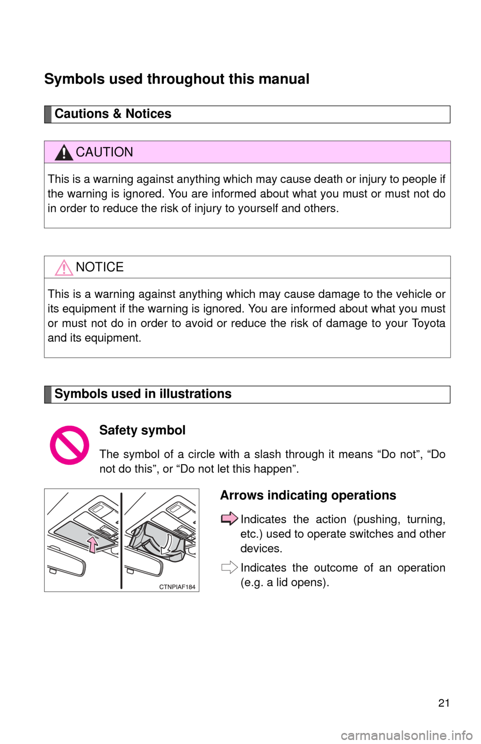 TOYOTA RAV4 2010 XA30 / 3.G Owners Manual 21
Symbols used throughout this manual
Cautions & Notices 
Symbols used in illustrations
CAUTION
This is a warning against anything which may cause death or injury to people if
the warning is ignored.