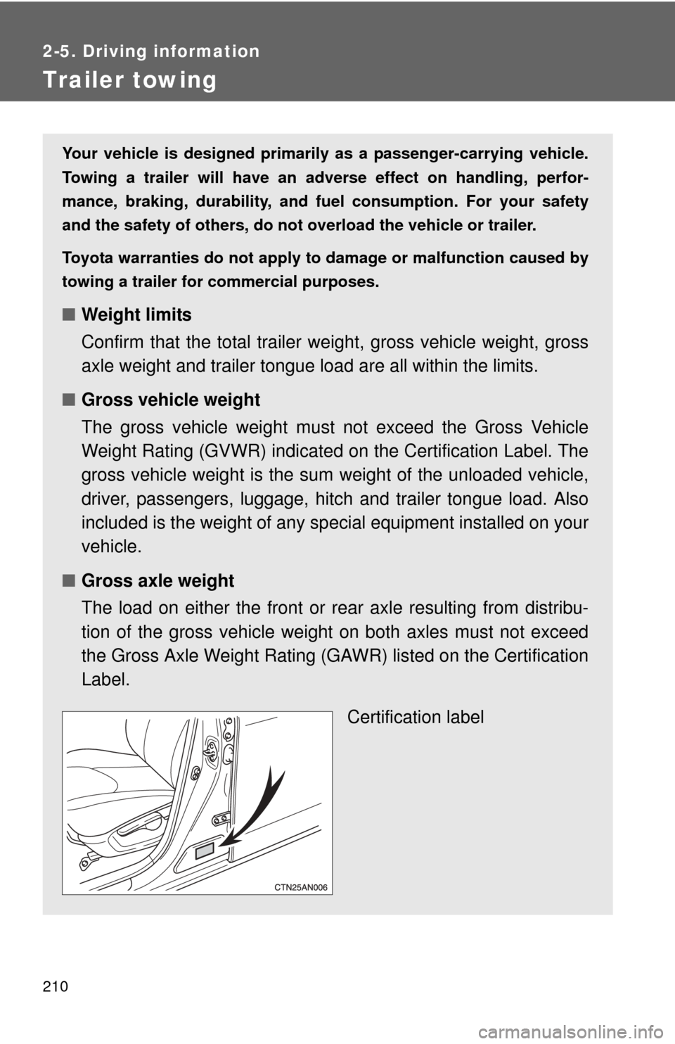 TOYOTA RAV4 2010 XA30 / 3.G Owners Manual 210
2-5. Driving information
Trailer towing
Your vehicle is designed primarily as a passenger-carrying vehicle.
Towing a trailer will have an adverse effect on handling, perfor-
mance, braking, durabi
