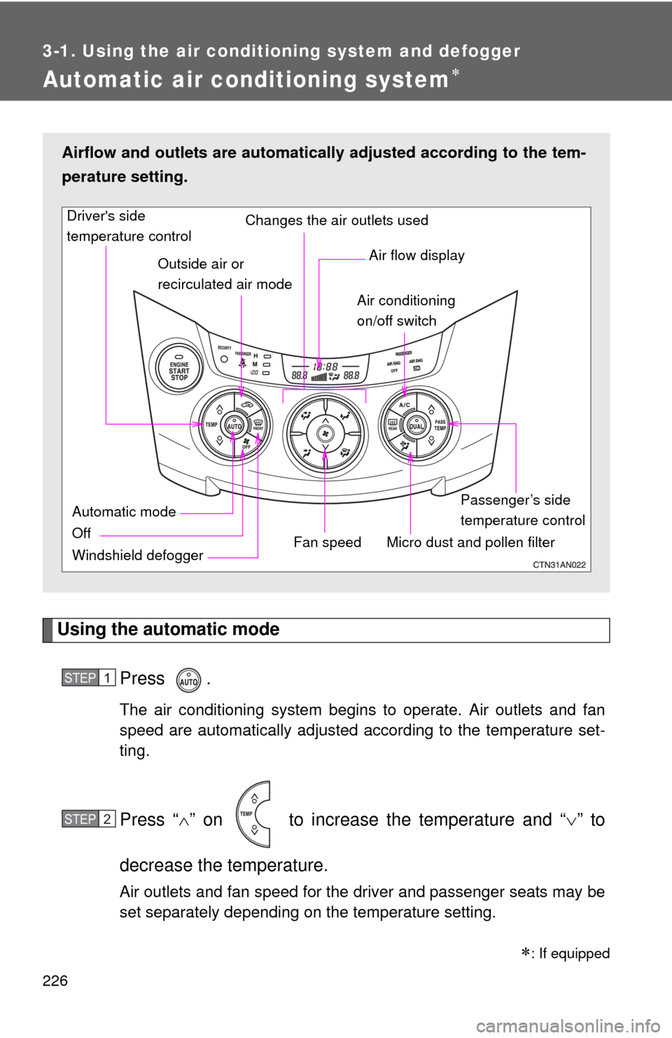TOYOTA RAV4 2010 XA30 / 3.G Owners Manual 226
3-1. Using the air conditioning system and defogger
Automatic air conditioning system
Using the automatic modePress .
The air conditioning system begins to operate. Air outlets and fan
speed ar