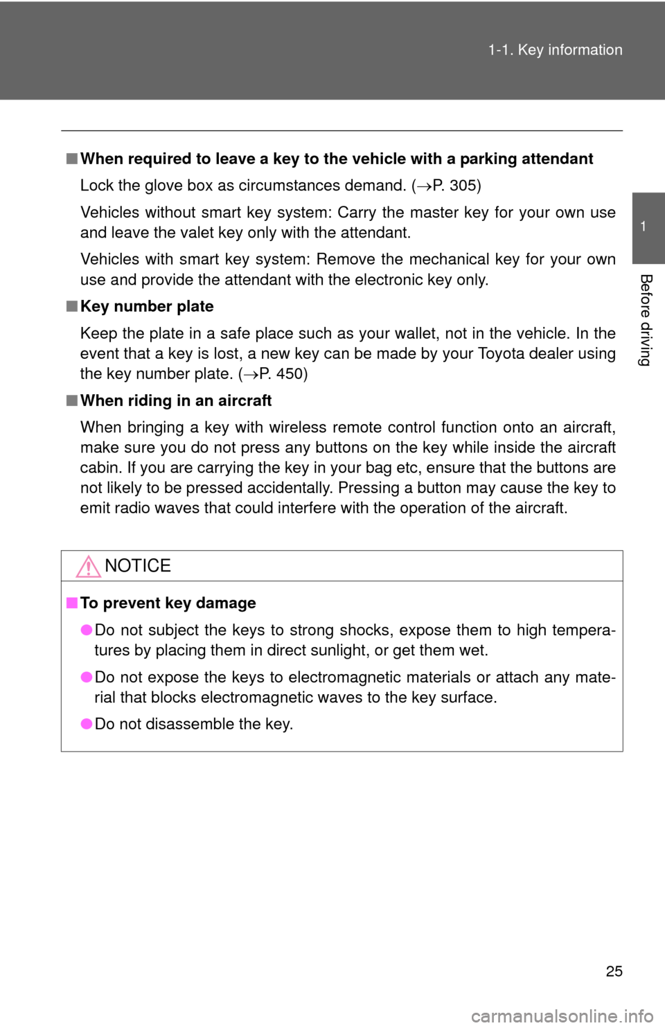 TOYOTA RAV4 2010 XA30 / 3.G Owners Manual 25
1-1. Key information
1
Before driving
■
When required to leave a key to th e vehicle with a parking attendant
Lock the glove box as circumstances demand. ( P. 305)
Vehicles without smart key s