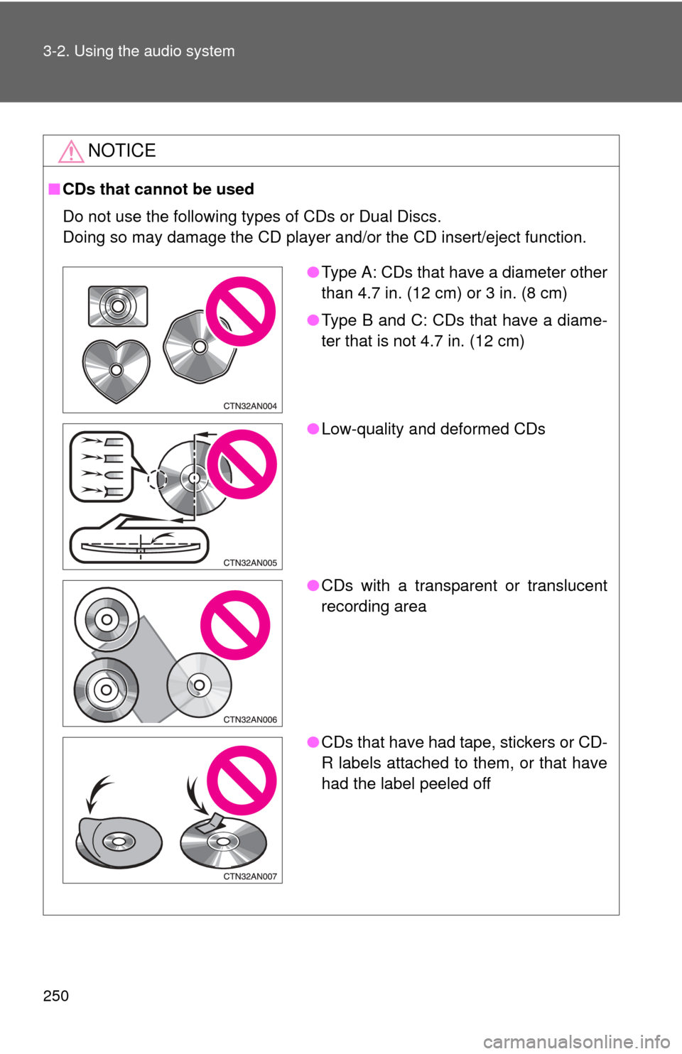 TOYOTA RAV4 2010 XA30 / 3.G Owners Manual 250 3-2. Using the audio system
NOTICE
■CDs that cannot be used
Do not use the following types of CDs or Dual Discs.
Doing so may damage the CD player and/or the CD insert/eject function.
●Type A: