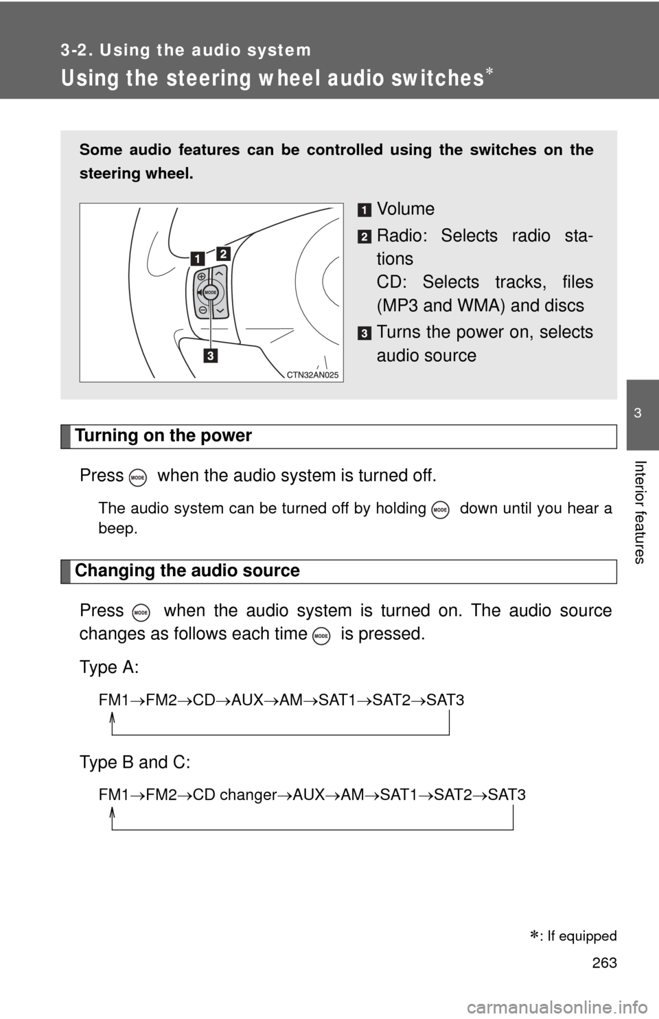 TOYOTA RAV4 2010 XA30 / 3.G Owners Manual 263
3-2. Using the audio system
3
Interior features
Using the steering wheel audio switches
Turning on the powerPress   when the audio system is turned off.
The audio system can be turned off by ho