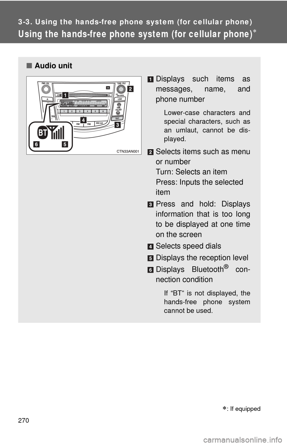 TOYOTA RAV4 2010 XA30 / 3.G Owners Manual 270
3-3. Using the hands-free phone system (for cellular phone)
Using the hands-free phone system (for cellular phone)
■Audio unit
Displays such items as
messages, name, and
phone number
Lower-ca
