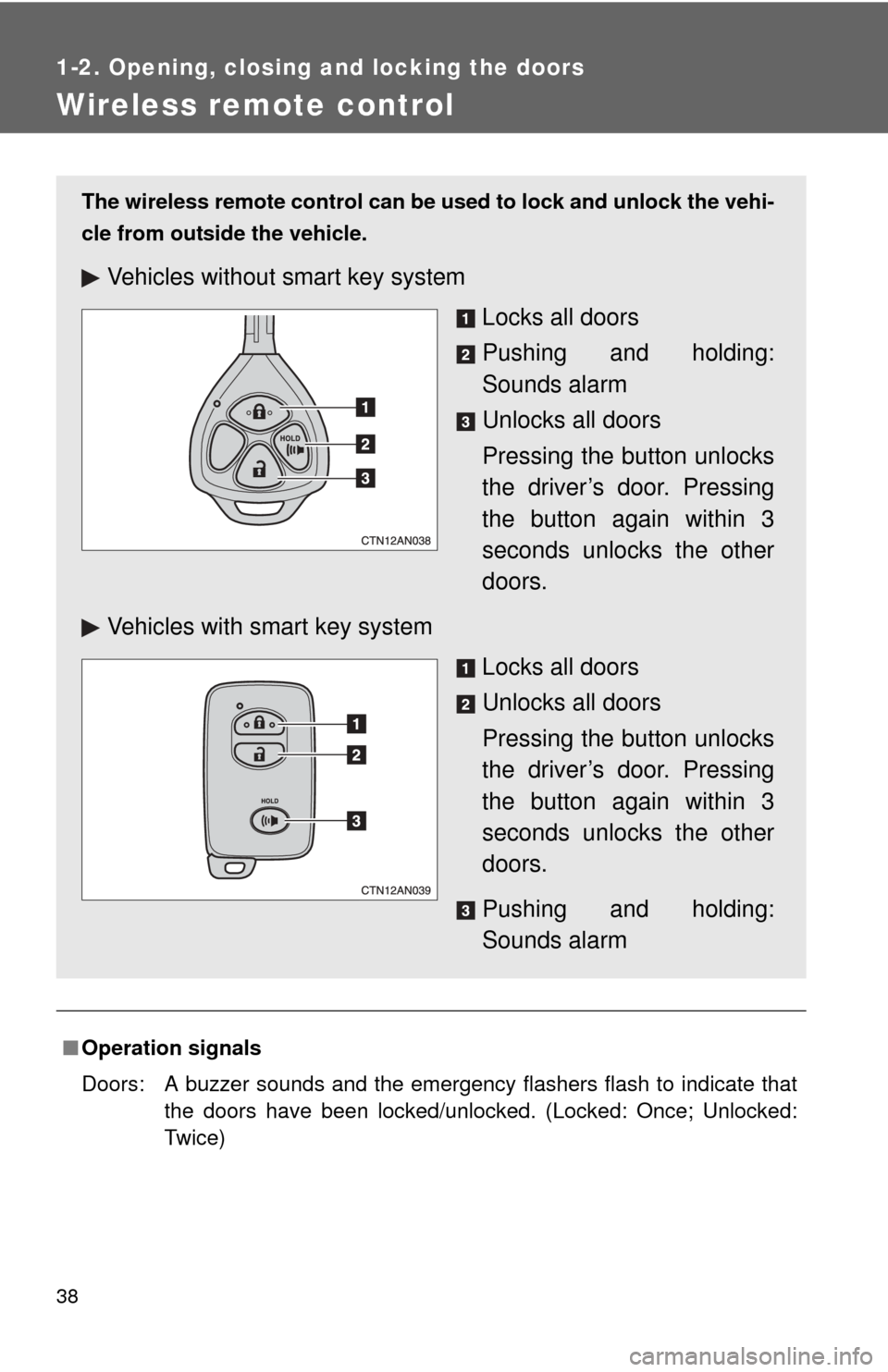 TOYOTA RAV4 2010 XA30 / 3.G Owners Guide 38
1-2. Opening, closing and locking the doors
Wireless remote control
■Operation signals
Doors: A buzzer sounds and the emergency flashers flash to indicate that
the doors have been locked/unlocke TOYOTA RAV4 2010 XA30 / 3.G Owners Guide 38
1-2. Opening, closing and locking the doors
Wireless remote control
■Operation signals
Doors: A buzzer sounds and the emergency flashers flash to indicate that
the doors have been locked/unlocke