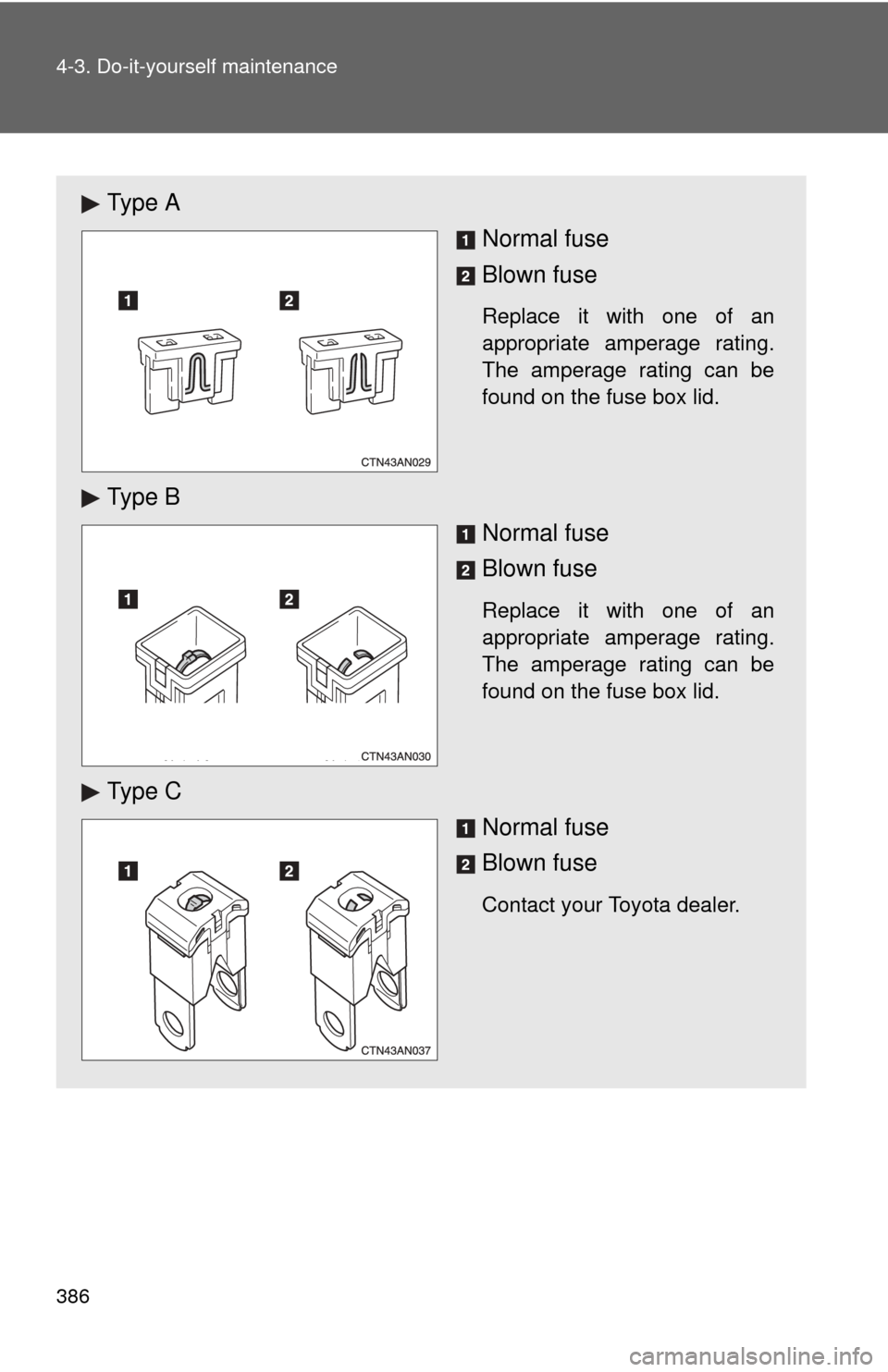 TOYOTA RAV4 2010 XA30 / 3.G Owners Manual 386 4-3. Do-it-yourself maintenance
Ty p e  ANormal fuse
Blown fuse
Replace it with one of an
appropriate amperage rating.
The amperage rating can be
found on the fuse box lid.
Ty p e  B
Normal fuse
B