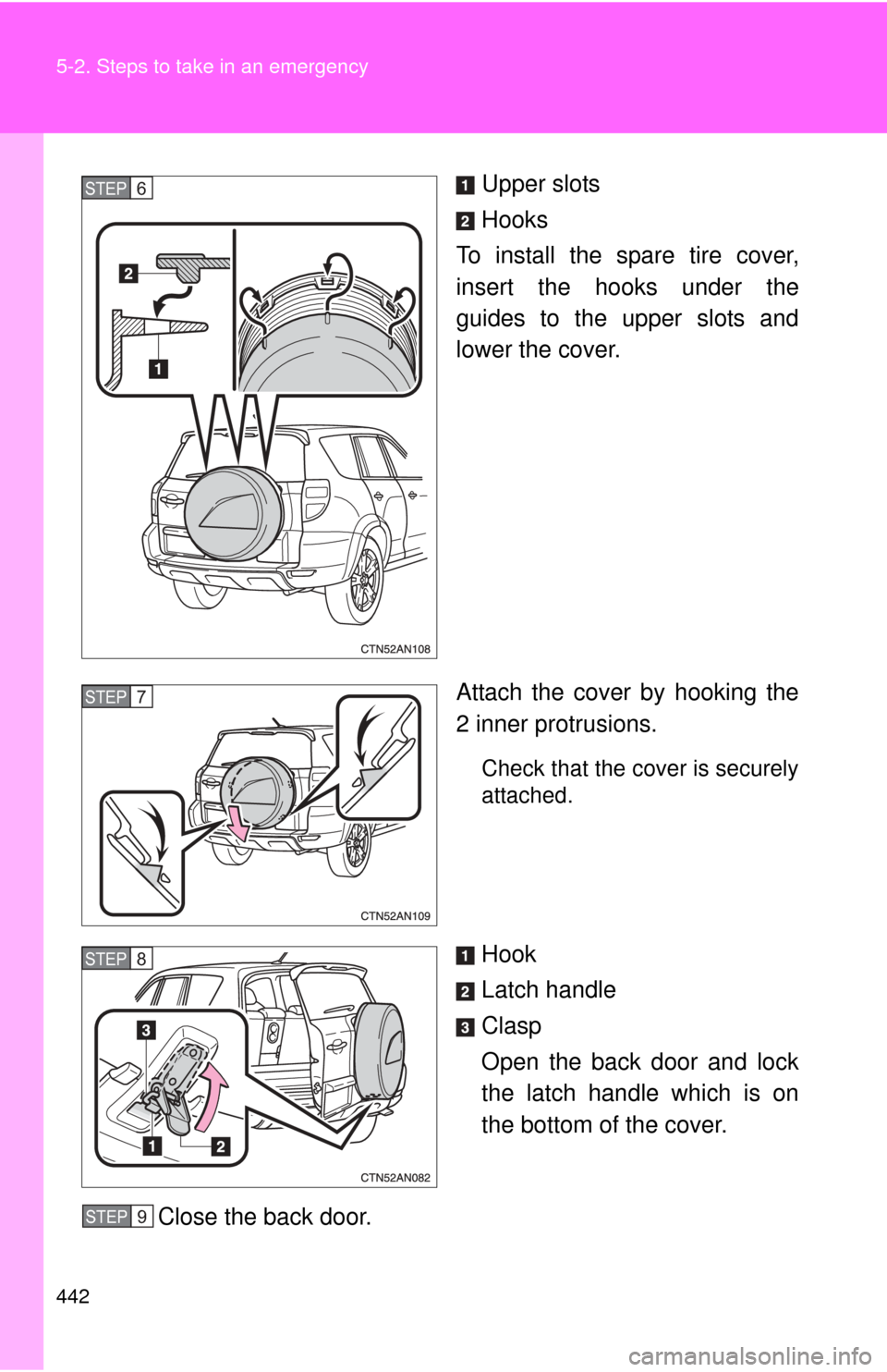 TOYOTA RAV4 2010 XA30 / 3.G Owners Manual 442 5-2. Steps to take in an emergency
Upper slots
Hooks
To install the spare tire cover,
insert the hooks under the
guides to the upper slots and
lower the cover.
Attach the cover by hooking the
2 in TOYOTA RAV4 2010 XA30 / 3.G Owners Manual 442 5-2. Steps to take in an emergency
Upper slots
Hooks
To install the spare tire cover,
insert the hooks under the
guides to the upper slots and
lower the cover.
Attach the cover by hooking the
2 in