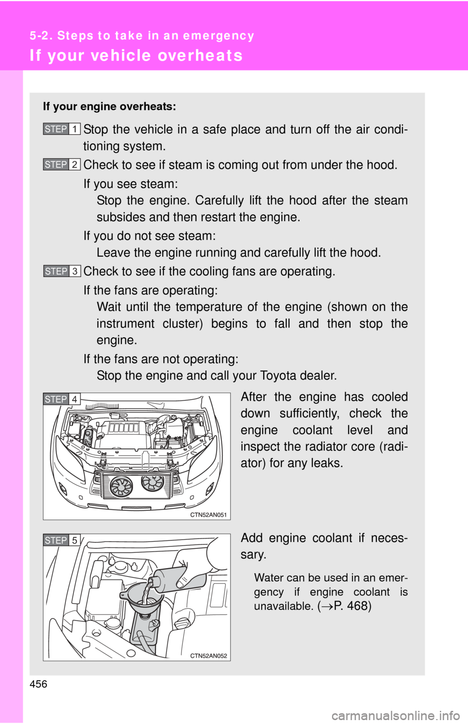TOYOTA RAV4 2010 XA30 / 3.G User Guide 456
5-2. Steps to take in an emergency
If your vehicle overheats
If your engine overheats:
Stop the vehicle in a safe place and turn off the air condi-
tioning system.
Check to see if steam is coming 
