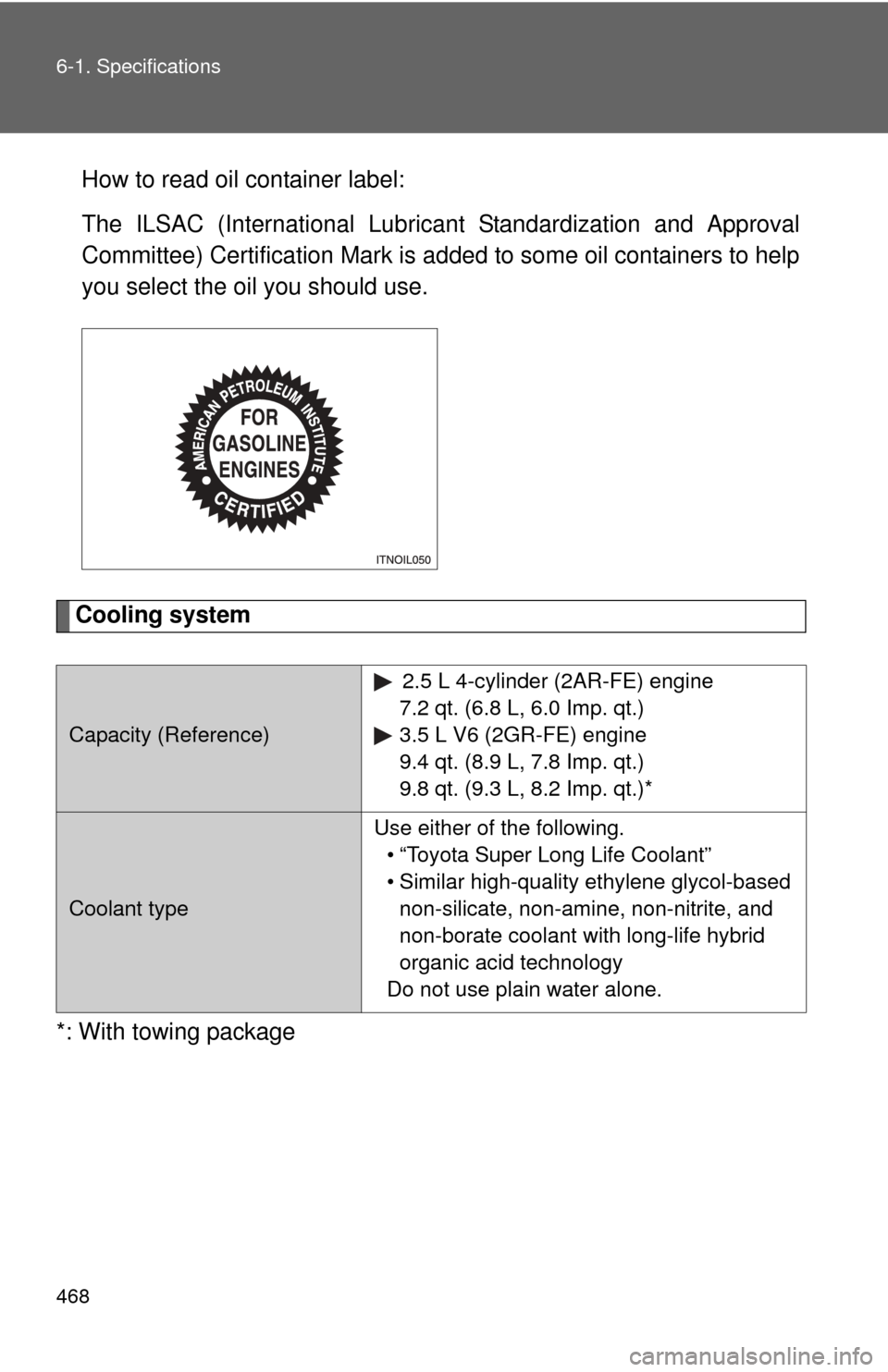 TOYOTA RAV4 2010 XA30 / 3.G User Guide 468 6-1. Specifications
How to read oil container label:
The ILSAC (International Lubricant Standardization and Approval
Committee) Certification Mark is added to some oil containers to help
you selec