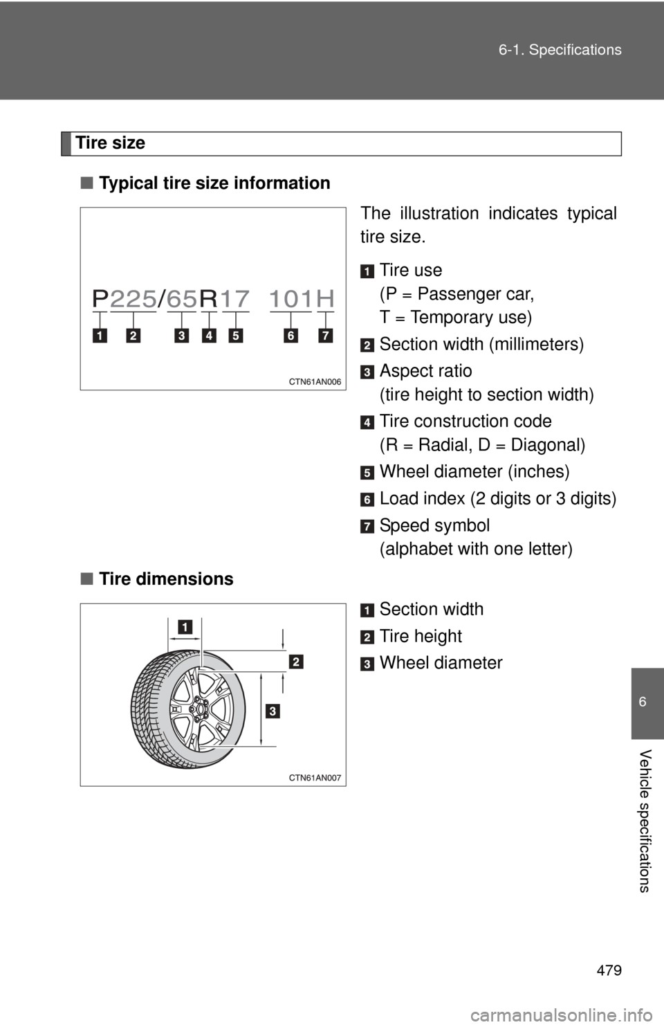 TOYOTA RAV4 2010 XA30 / 3.G Owners Manual 479
6-1. Specifications
6
Vehicle specifications
Tire size
■ Typical tire size information
The illustration indicates typical
tire size.
Tire use
(P = Passenger car,
T = Temporary use)
Section widt TOYOTA RAV4 2010 XA30 / 3.G Owners Manual 479
6-1. Specifications
6
Vehicle specifications
Tire size
■ Typical tire size information
The illustration indicates typical
tire size.
Tire use
(P = Passenger car,
T = Temporary use)
Section widt
