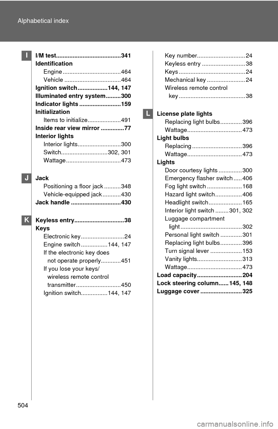 TOYOTA RAV4 2010 XA30 / 3.G Owners Manual 504 Alphabetical index
I/M test....................................... 341
IdentificationEngine ................................... 464
Vehicle .................................. 464
Ignition switch .