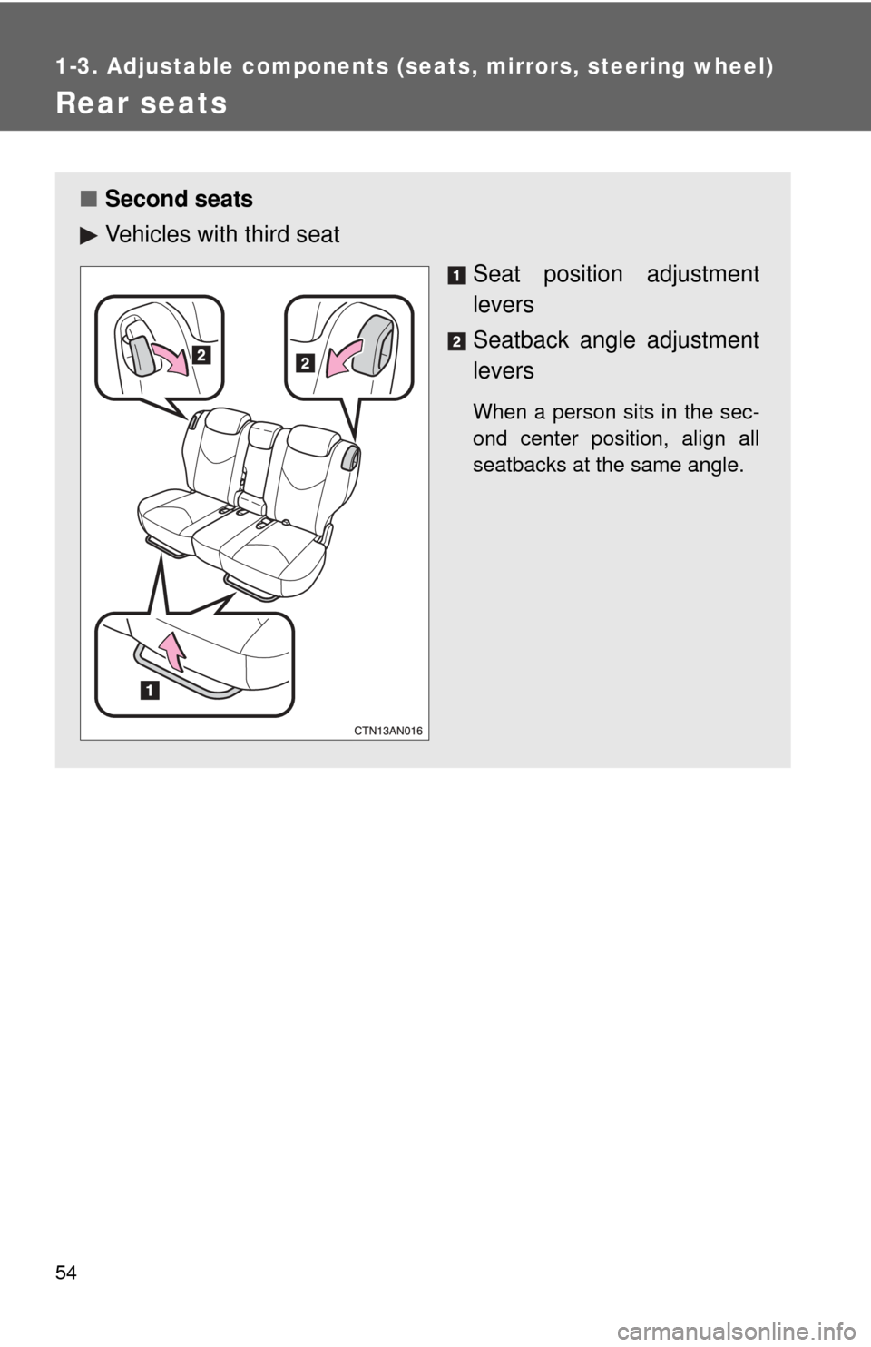 TOYOTA RAV4 2010 XA30 / 3.G Owners Manual 54
1-3. Adjustable components (seats, mirrors, steering wheel)
Rear seats
■Second seats
Vehicles with third seat
Seat position adjustment
levers
Seatback angle adjustment
levers
When a person sits i