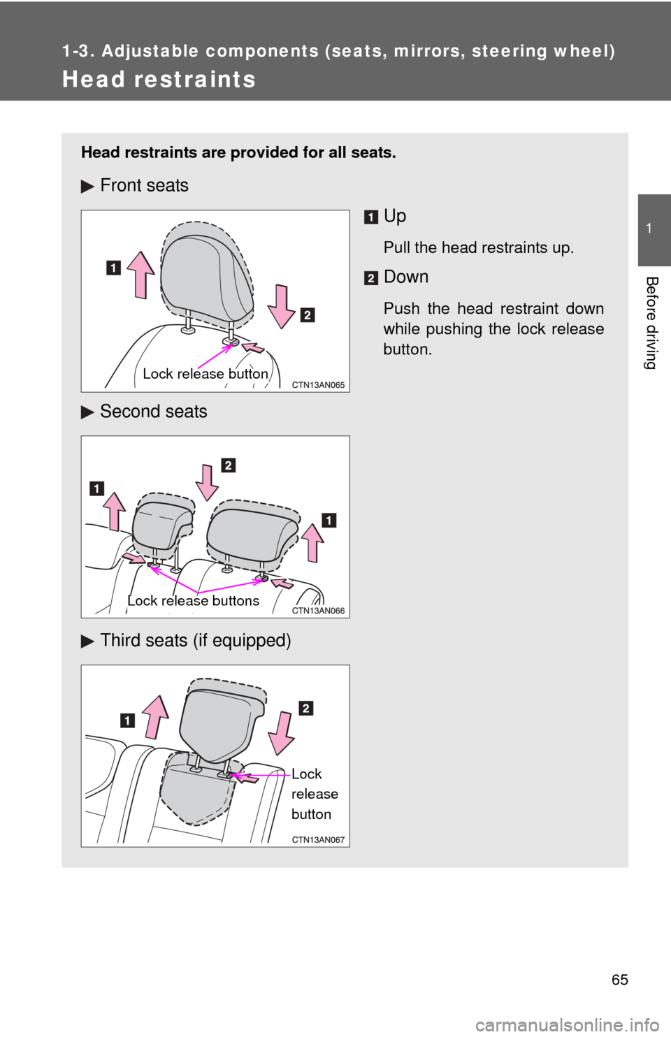 TOYOTA RAV4 2010 XA30 / 3.G Repair Manual 65
1
1-3. Adjustable components (seats, mirrors, steering wheel)
Before driving
Head restraints
Head restraints are provided for all seats.
Front seatsUp
Pull the head restraints up.
Down
Push the hea