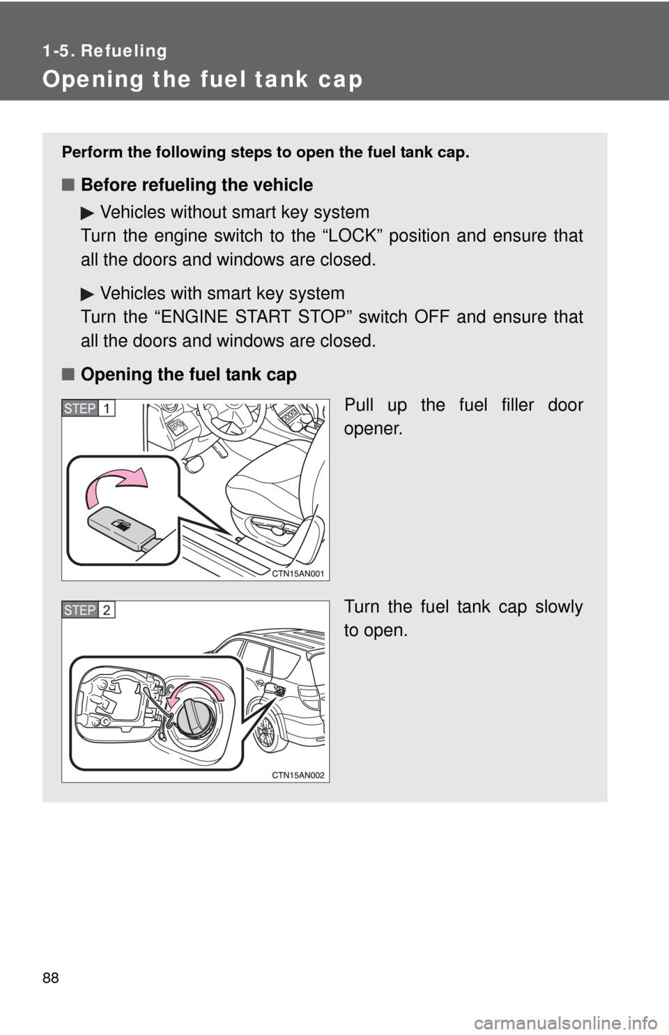 TOYOTA RAV4 2010 XA30 / 3.G Manual Online 88
1-5. Refueling
Opening the fuel tank cap
Perform the following steps to open the fuel tank cap.
■Before refueling the vehicle
Vehicles without smart key system
Turn the engine switch to the “LO TOYOTA RAV4 2010 XA30 / 3.G Manual Online 88
1-5. Refueling
Opening the fuel tank cap
Perform the following steps to open the fuel tank cap.
■Before refueling the vehicle
Vehicles without smart key system
Turn the engine switch to the “LO