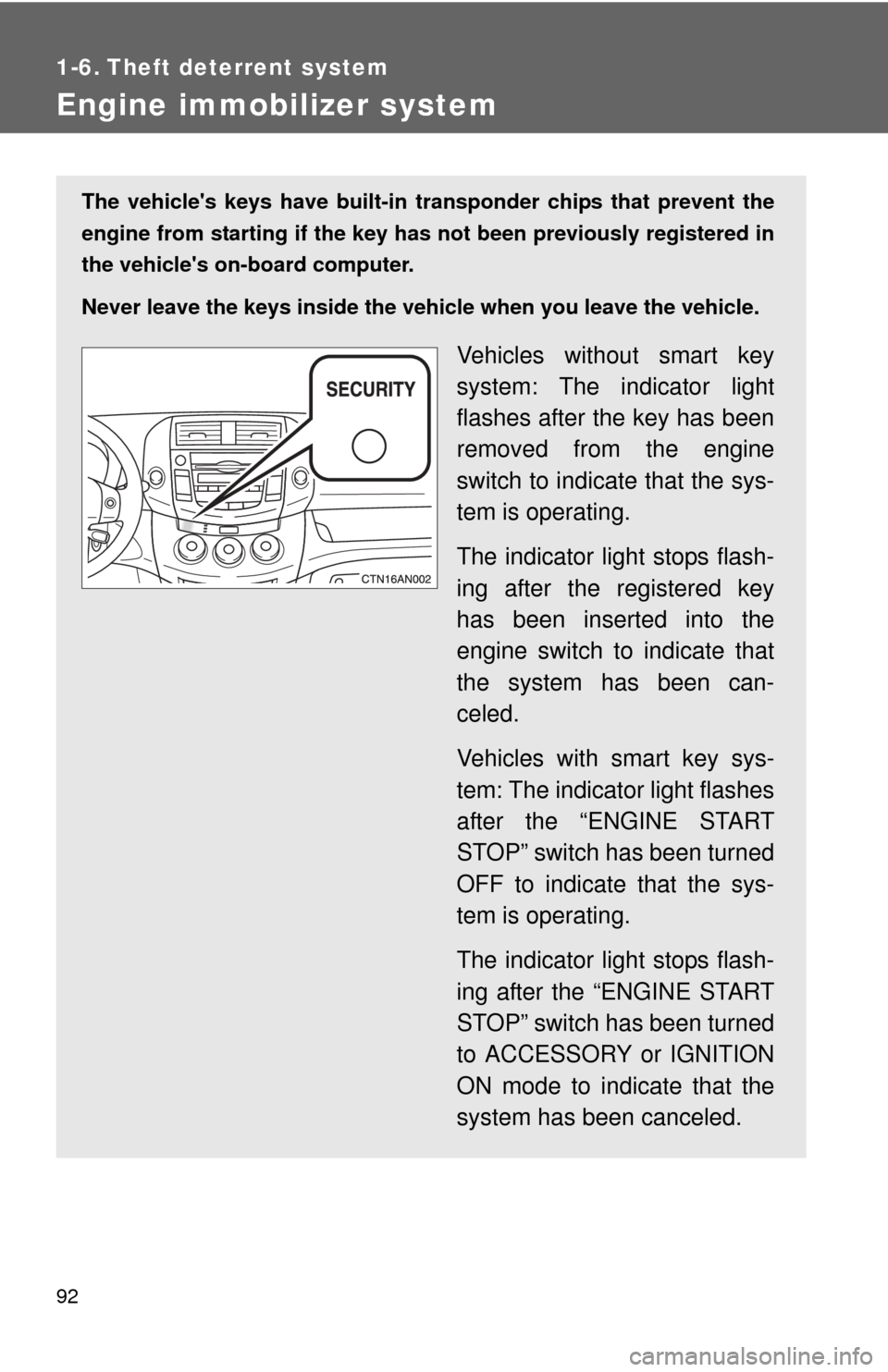 TOYOTA RAV4 2010 XA30 / 3.G Owners Manual 92
1-6. Theft deterrent system
Engine immobilizer system
The vehicles keys have built-in transponder chips that prevent the
engine from starting if the key has not been previously registered in
the TOYOTA RAV4 2010 XA30 / 3.G Owners Manual 92
1-6. Theft deterrent system
Engine immobilizer system
The vehicles keys have built-in transponder chips that prevent the
engine from starting if the key has not been previously registered in
the