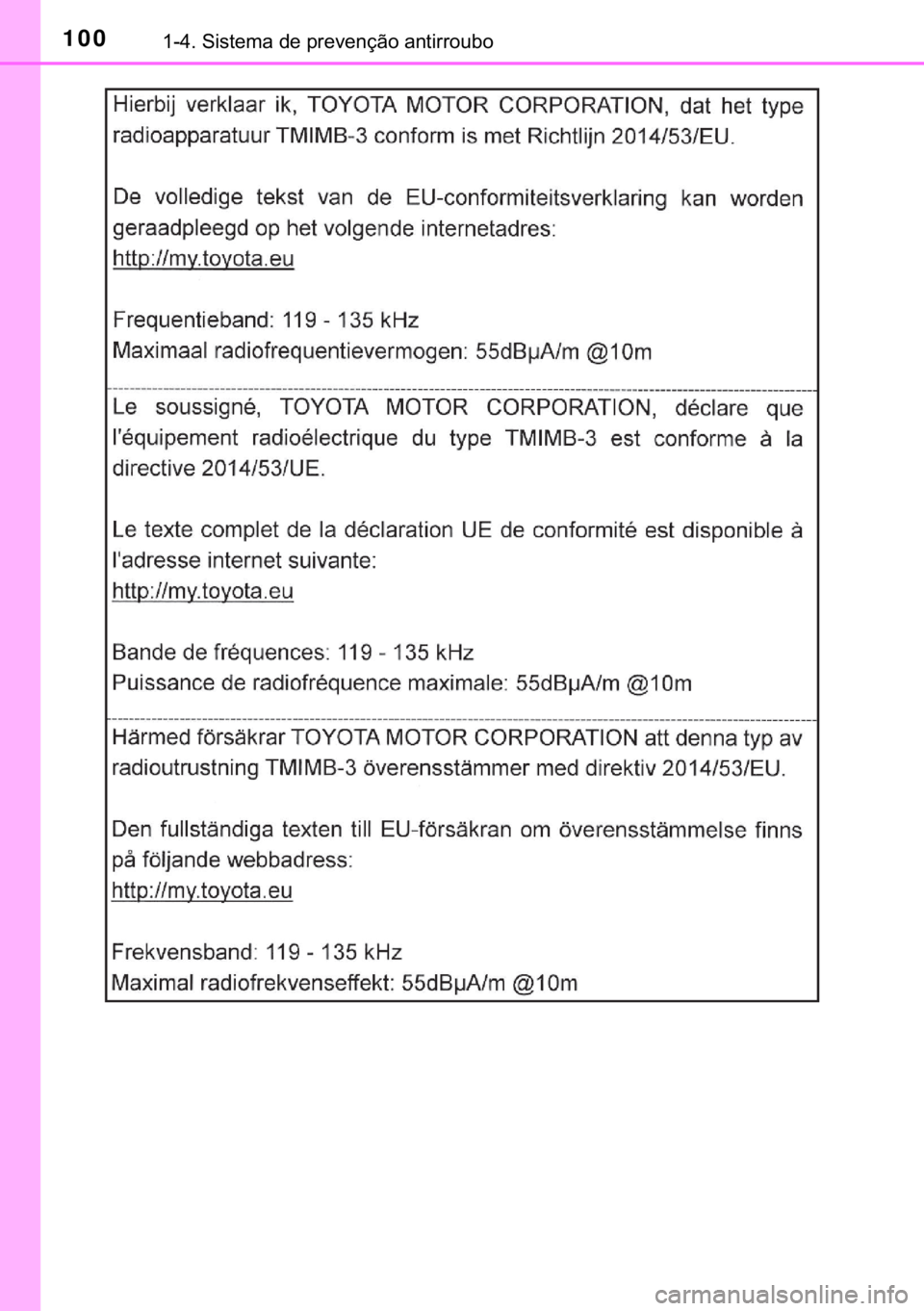 TOYOTA C-HR 2018  Manual de utilização (in Portuguese) 100������6�L�V�W�H�P�D��G�H��S�U�H�Y�H�Q�o�m�R��D�Q�W�L�U�U�R�X�E�R 