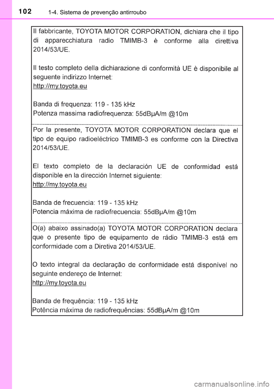 TOYOTA C-HR 2018  Manual de utilização (in Portuguese) 102������6�L�V�W�H�P�D��G�H��S�U�H�Y�H�Q�o�m�R��D�Q�W�L�U�U�R�X�E�R 