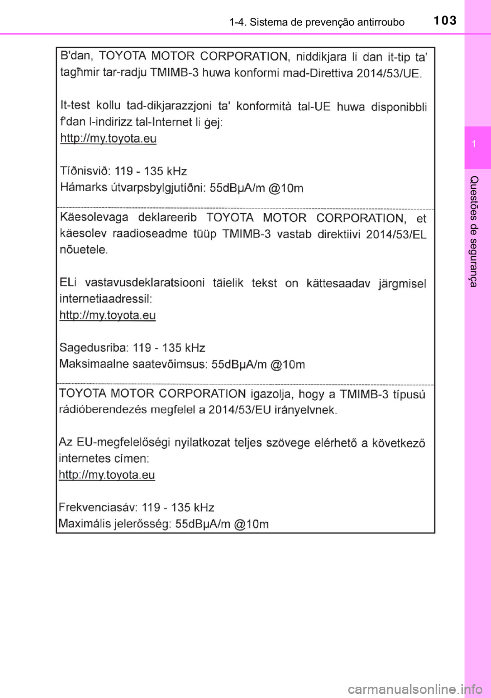 TOYOTA C-HR 2018  Manual de utilização (in Portuguese) 103������6�L�V�W�H�P�D��G�H��S�U�H�Y�H�Q�o�m�R��D�Q�W�L�U�U�R�X�E�R
�
�4�X�H�V�W�}�H�V��G�H��V�H�J�X�U�D�Q�o�D 