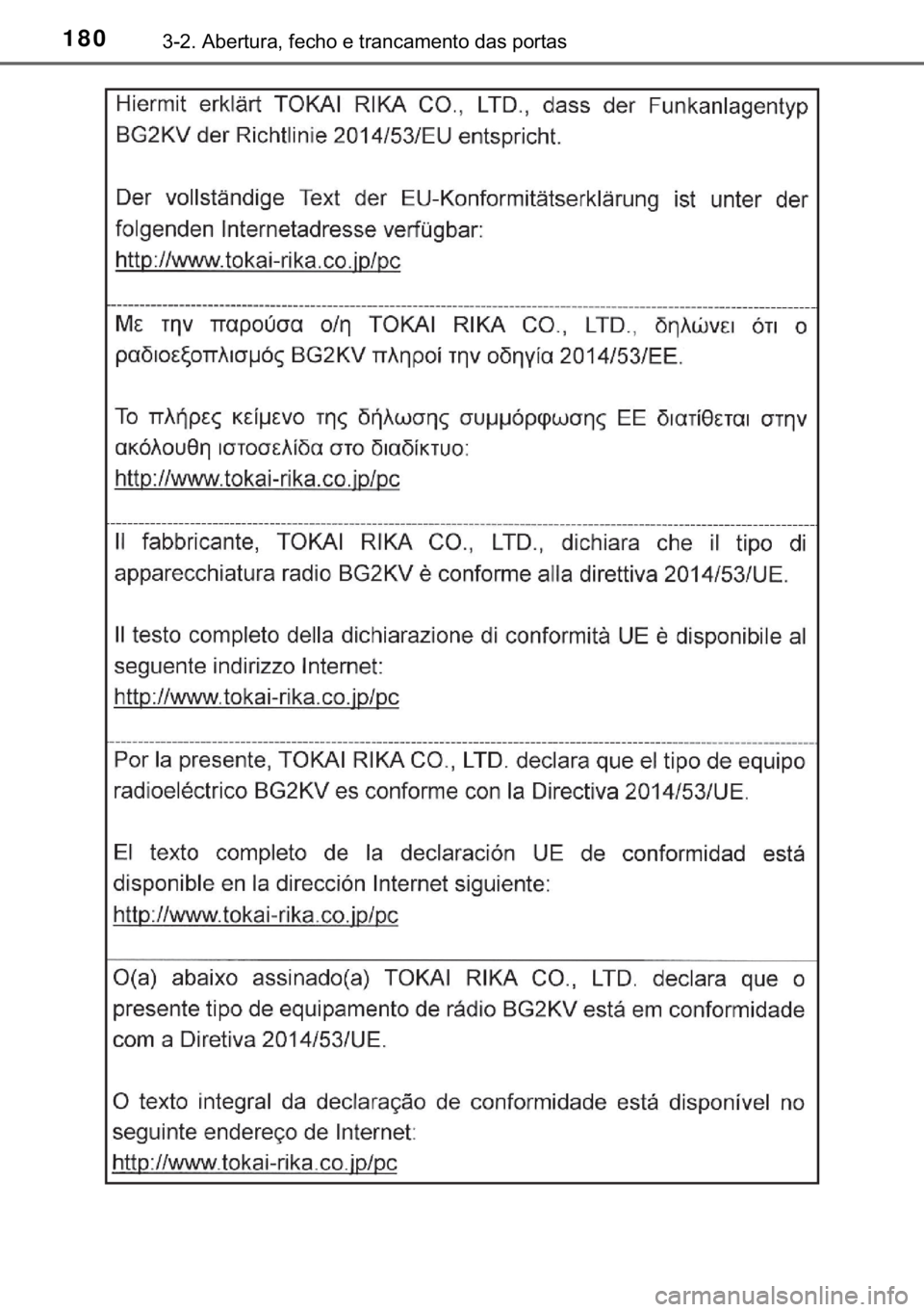 TOYOTA C-HR 2018  Manual de utilização (in Portuguese) 180������$�E�H�U�W�X�U�D���I�H�F�K�R��H��W�U�D�Q�F�D�P�H�Q�W�R��G�D�V��S�R�U�W�D�V 