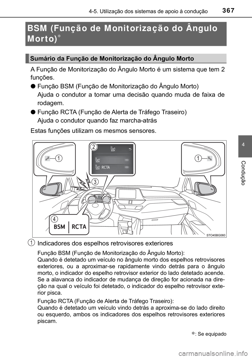 TOYOTA C-HR 2018  Manual de utilização (in Portuguese) 367
�
������8�W�L�O�L�]�D�o�m�R��G�R�V��V�L�V�W�H�P�D�V��G�H��D�S�R�L�R��j��F�R�Q�G�X�o�m�R
�&�R�Q�G�X�o�m�R
BSM (Função de Monitorização do Ângulo 
Mor to)
∗
�$��)�X�Q�o�m�R��G�H