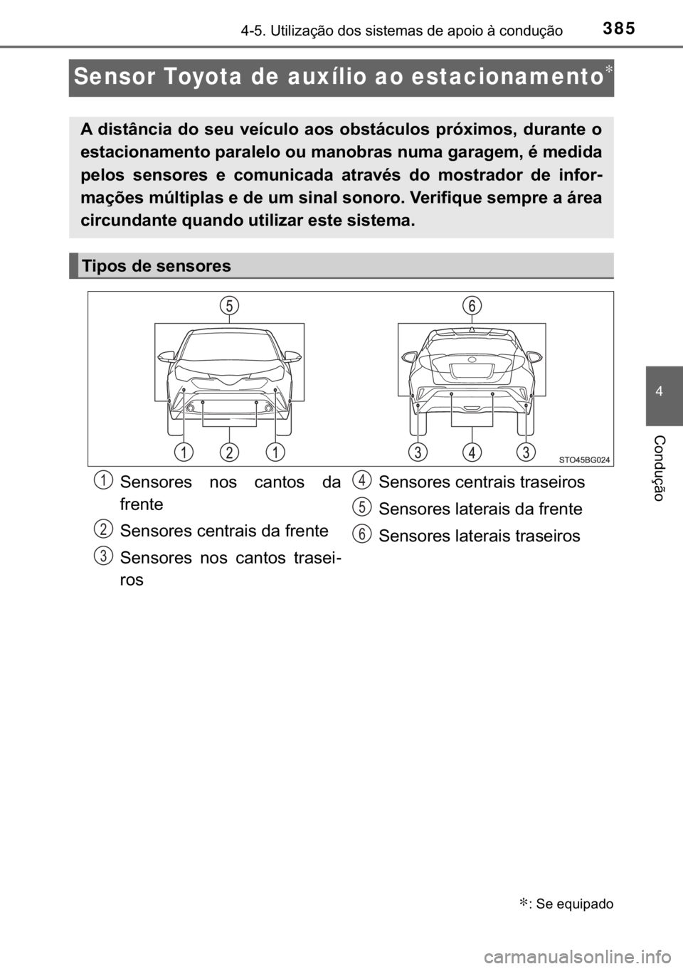 TOYOTA C-HR 2018  Manual de utilização (in Portuguese) 385
�
������8�W�L�O�L�]�D�o�m�R��G�R�V��V�L�V�W�H�P�D�V��G�H��D�S�R�L�R��j��F�R�Q�G�X�o�m�R
�&�R�Q�G�X�o�m�R
Sensor Toyota de auxílio ao estacionamento∗
∗���6�H��H�T�X�L�S�D�G�R
�$