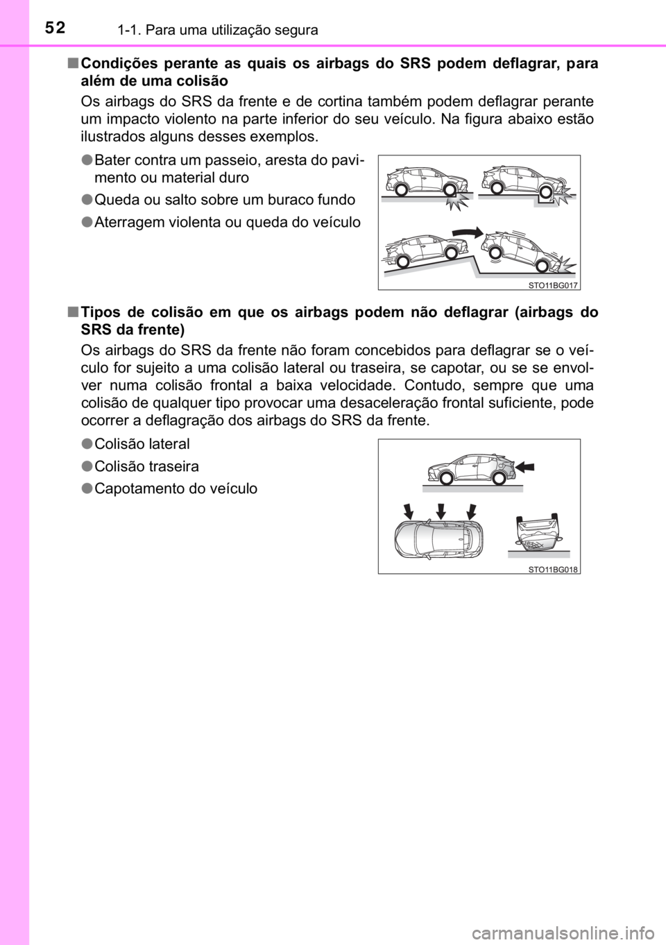 TOYOTA C-HR 2018  Manual de utilização (in Portuguese) 52������3�D�U�D��X�P�D��X�W�L�O�L�]�D�o�m�R��V�H�J�X�U�D
■�&�R�Q�G�L�o�}�H�V� �S�H�U�D�Q�W�H� �D�V� �T�X�D�L�V� �R�V� �D�L�U�E�D�J�V� �G�R� �6�5�6� �S�R�G�H�P� �G�H�I�O�D�J�U�D�U��