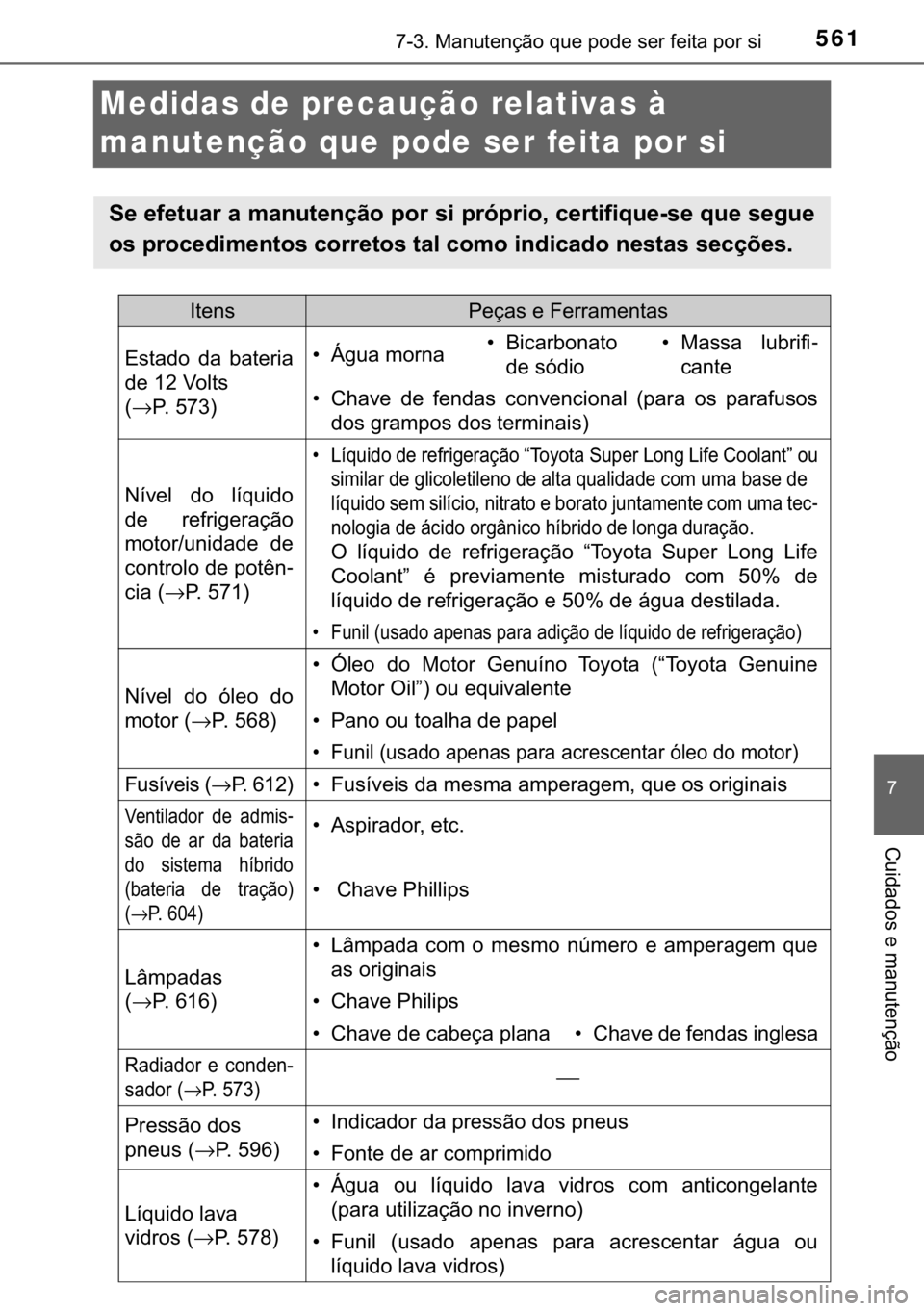 TOYOTA C-HR 2018  Manual de utilização (in Portuguese) 561������0�D�Q�X�W�H�Q�o�m�R��T�X�H��S�R�G�H��V�H�U��I�H�L�W�D��S�R�U��V�L
�
�&�X�L�G�D�G�R�V��H��P�D�Q�X�W�H�Q�o�m�R
Medidas de precaução relativas à 
manutenção que pode ser feita