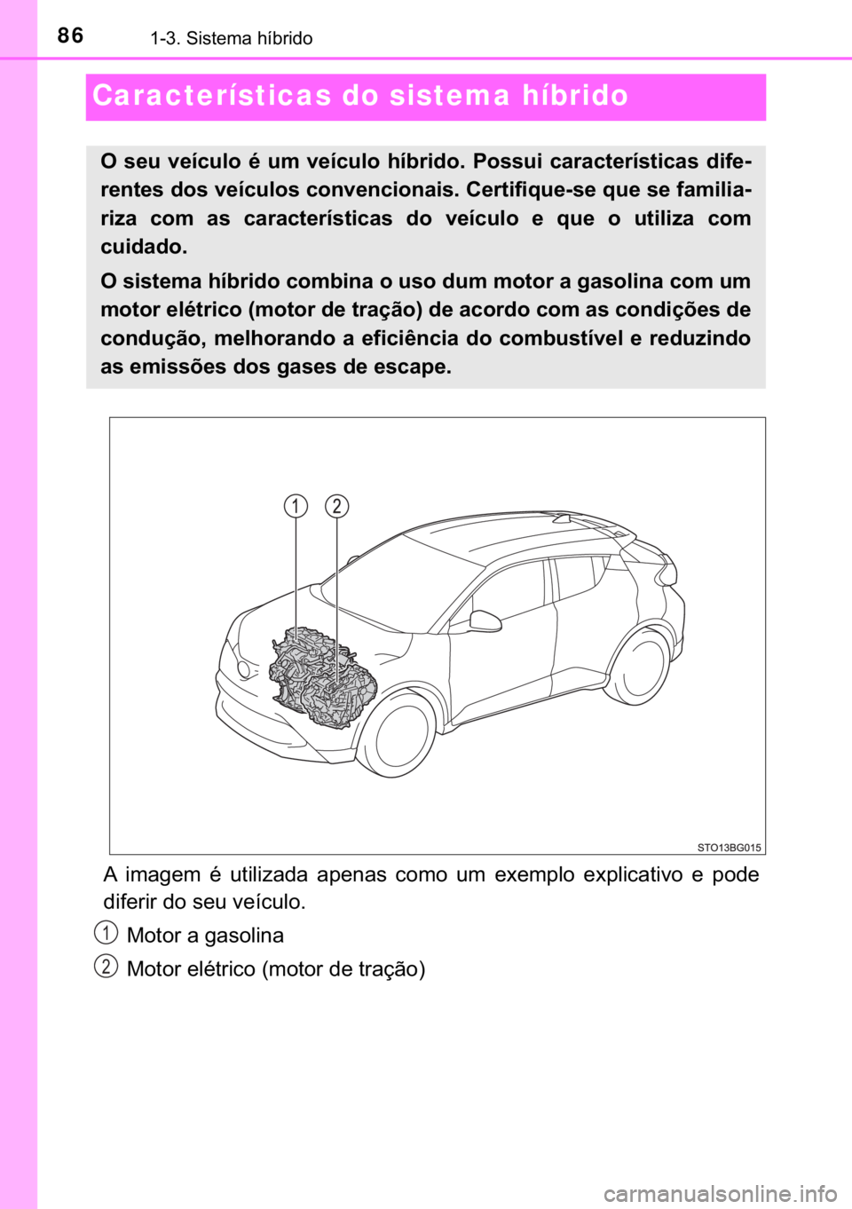 TOYOTA C-HR 2018  Manual de utilização (in Portuguese) 86������6�L�V�W�H�P�D��K�t�E�U�L�G�R
Características do sistema híbrido
�$� �L�P�D�J�H�P� �p� �X�W�L�O�L�]�D�G�D� �D�S�H�Q�D�V� �F�R�P�R� �X�P� �H�[�H�P�S�O�R� �H�[�S�O�L�F�D�W�L�Y�R�