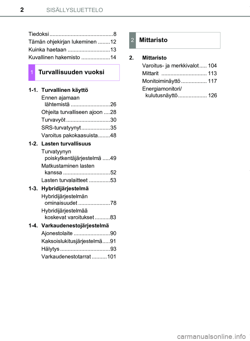 TOYOTA C-HR 2018 Omistajan Käsikirja (in Finnish) SISÄLLYSLUETTELO2
C-HR_HV_OM_Europe_OM10576FITiedoksi ..........................................8
Tämän ohjekirjan lukeminen ........12
Kuinka haetaan ............................13
Kuvallinen hake TOYOTA C-HR 2018 Omistajan Käsikirja (in Finnish) SISÄLLYSLUETTELO2
C-HR_HV_OM_Europe_OM10576FITiedoksi ..........................................8
Tämän ohjekirjan lukeminen ........12
Kuinka haetaan ............................13
Kuvallinen hake