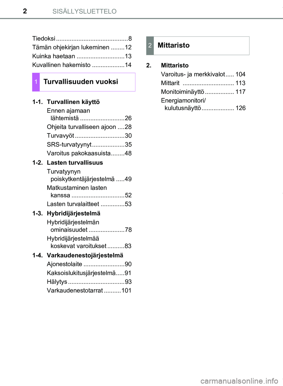 TOYOTA C-HR 2018  Omistajan Käsikirja (in Finnish) SISÄLLYSLUETTELO2
C-HR_HV_OM_Europe_OM10576FITiedoksi ..........................................8
Tämän ohjekirjan lukeminen ........12
Kuinka haetaan ............................13
Kuvallinen hake