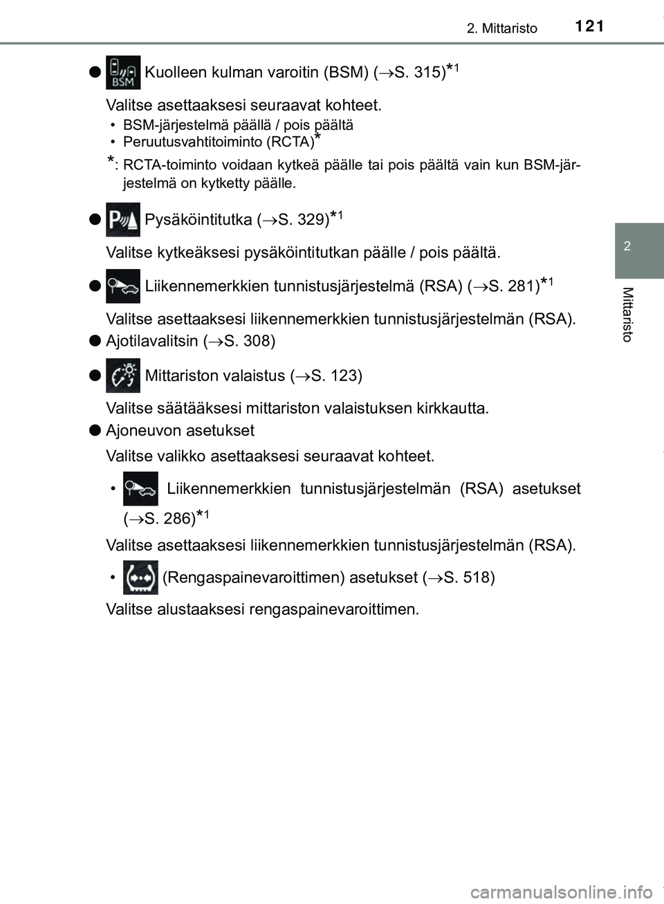 TOYOTA C-HR 2018  Omistajan Käsikirja (in Finnish) 1212. Mittaristo
2
Mittaristo
C-HR_HV_OM_Europe_OM10576FI
l Kuolleen kulman varoitin (BSM) ( S. 315)*1
Valitse asettaaksesi  seuraavat kohteet.
• BSM-järjestelmä päällä / pois päältä
• 