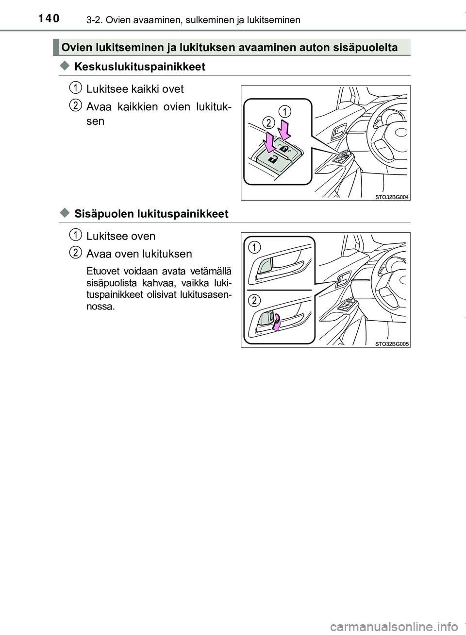 TOYOTA C-HR 2018 Omistajan Käsikirja (in Finnish) 1403-2. Ovien avaaminen, sulkeminen ja lukitseminen
C-HR_HV_OM_Europe_OM10576FI
uKeskuslukituspainikkeetLukitsee kaikki ovet
Avaa kaikkien ovien lukituk-
sen
uSisäpuolen lukituspainikkeetLukitsee ove TOYOTA C-HR 2018 Omistajan Käsikirja (in Finnish) 1403-2. Ovien avaaminen, sulkeminen ja lukitseminen
C-HR_HV_OM_Europe_OM10576FI
uKeskuslukituspainikkeetLukitsee kaikki ovet
Avaa kaikkien ovien lukituk-
sen
uSisäpuolen lukituspainikkeetLukitsee ove