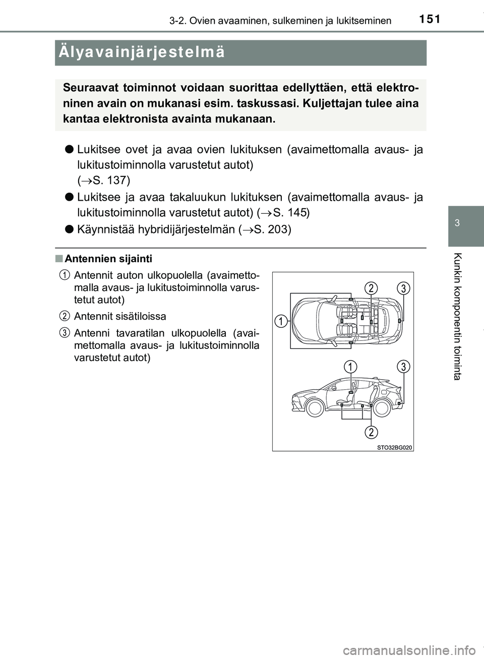 TOYOTA C-HR 2018  Omistajan Käsikirja (in Finnish) 151
3
3-2. Ovien avaaminen, sulkeminen ja lukitseminen
Kunkin komponentin toiminta
C-HR_HV_OM_Europe_OM10576FI
Älyavainjärjestelmä
lLukitsee ovet ja avaa ovien lukituksen (avaimettomalla avaus- ja
