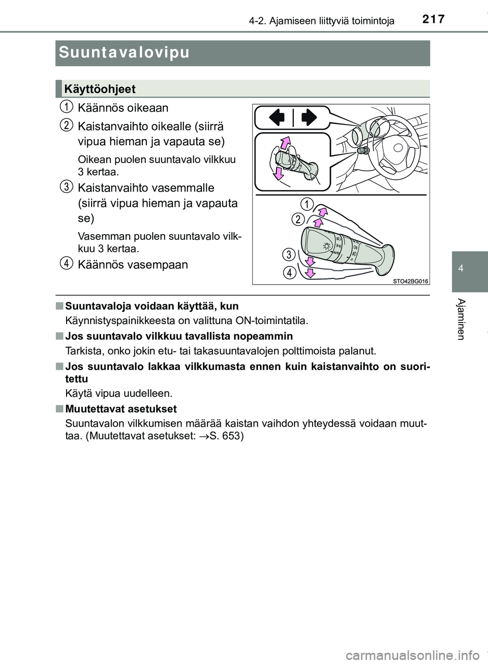 TOYOTA C-HR 2018 Omistajan Käsikirja (in Finnish) 217
4
4-2. Ajamiseen liittyviä toimintoja
Ajaminen
C-HR_HV_OM_Europe_OM10576FI
Suuntavalovipu
Käännös oikeaan
Kaistanvaihto oikealle (siirrä
vipua hieman ja vapauta se)
Oikean puolen suuntavalo TOYOTA C-HR 2018 Omistajan Käsikirja (in Finnish) 217
4
4-2. Ajamiseen liittyviä toimintoja
Ajaminen
C-HR_HV_OM_Europe_OM10576FI
Suuntavalovipu
Käännös oikeaan
Kaistanvaihto oikealle (siirrä
vipua hieman ja vapauta se)
Oikean puolen suuntavalo
