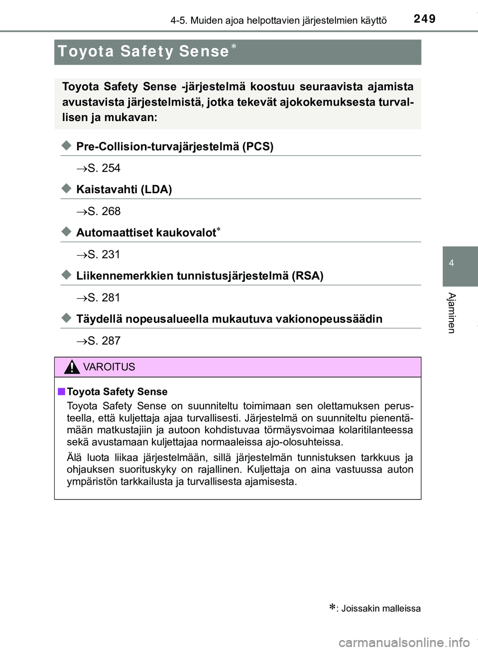 TOYOTA C-HR 2018 Omistajan Käsikirja (in Finnish) 249
4
4-5. Muiden ajoa helpottavien järjestelmien käyttö
Ajaminen
C-HR_HV_OM_Europe_OM10576FI
Toyota Safety Sense
uPre-Collision-turvajärjestelmä (PCS)
S. 254
uKaistavahti (LDA)
S. 268
u TOYOTA C-HR 2018 Omistajan Käsikirja (in Finnish) 249
4
4-5. Muiden ajoa helpottavien järjestelmien käyttö
Ajaminen
C-HR_HV_OM_Europe_OM10576FI
Toyota Safety Sense
uPre-Collision-turvajärjestelmä (PCS)
S. 254
uKaistavahti (LDA)
S. 268
u