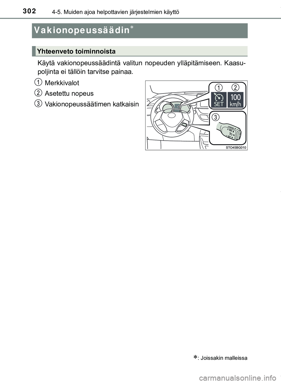 TOYOTA C-HR 2018 Omistajan Käsikirja (in Finnish) 3024-5. Muiden ajoa helpottavien järjestelmien käyttö
C-HR_HV_OM_Europe_OM10576FI
Vakionopeussäädin
Käytä vakionopeussäädintä valitun nopeuden ylläpitämiseen. Kaasu-
poljinta ei tällö TOYOTA C-HR 2018 Omistajan Käsikirja (in Finnish) 3024-5. Muiden ajoa helpottavien järjestelmien käyttö
C-HR_HV_OM_Europe_OM10576FI
Vakionopeussäädin
Käytä vakionopeussäädintä valitun nopeuden ylläpitämiseen. Kaasu-
poljinta ei tällö