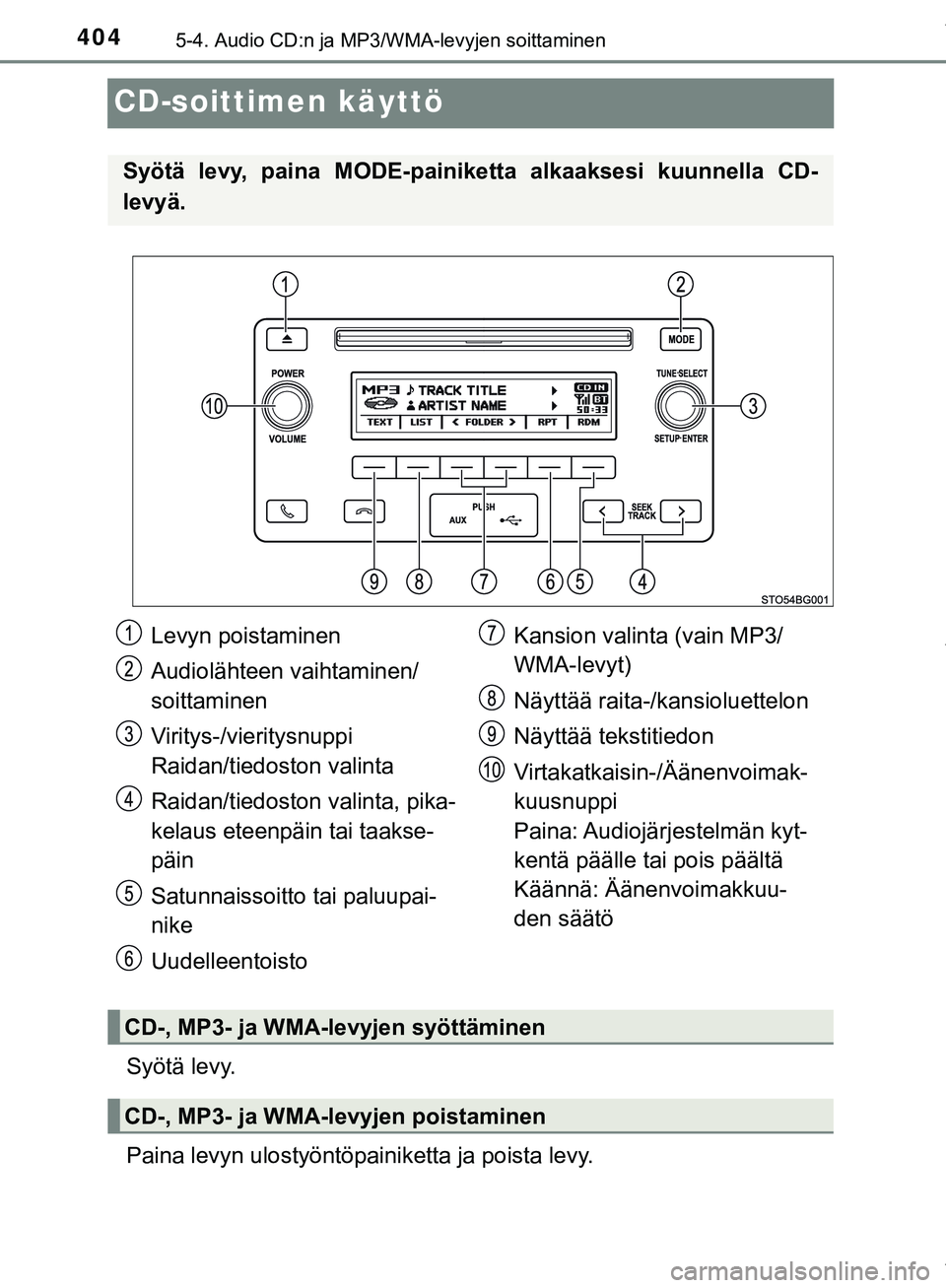 TOYOTA C-HR 2018 Omistajan Käsikirja (in Finnish) 4045-4. Audio CD:n ja MP3/WMA-levyjen soittaminen
C-HR_HV_OM_Europe_OM10576FI
CD-soittimen käyttö
Syötä levy.
Paina levyn ulostyöntöpainiketta ja poista levy.
Syötä levy, paina MODE-painiketta TOYOTA C-HR 2018 Omistajan Käsikirja (in Finnish) 4045-4. Audio CD:n ja MP3/WMA-levyjen soittaminen
C-HR_HV_OM_Europe_OM10576FI
CD-soittimen käyttö
Syötä levy.
Paina levyn ulostyöntöpainiketta ja poista levy.
Syötä levy, paina MODE-painiketta