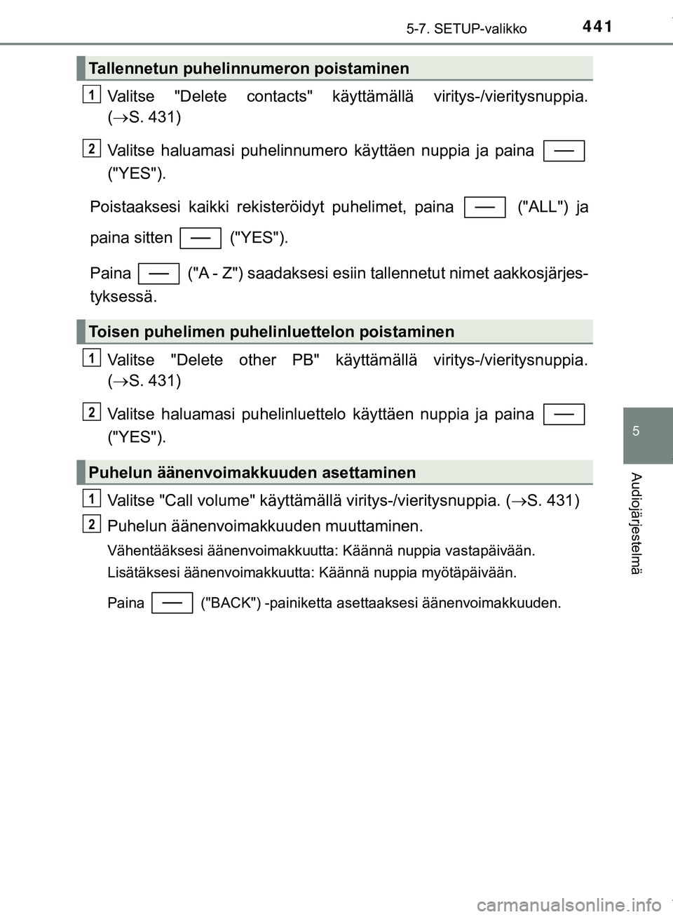 TOYOTA C-HR 2018 Omistajan Käsikirja (in Finnish) 4415-7. SETUP-valikko
5
Audiojärjestelmä
C-HR_HV_OM_Europe_OM10576FI
Valitse "Delete contacts" käyttämällä viritys-/vieritysnuppia.
( S. 431)
Valitse haluamasi puhelinnumero käyttäen nuppia TOYOTA C-HR 2018 Omistajan Käsikirja (in Finnish) 4415-7. SETUP-valikko
5
Audiojärjestelmä
C-HR_HV_OM_Europe_OM10576FI
Valitse "Delete contacts" käyttämällä viritys-/vieritysnuppia.
( S. 431)
Valitse haluamasi puhelinnumero käyttäen nuppia