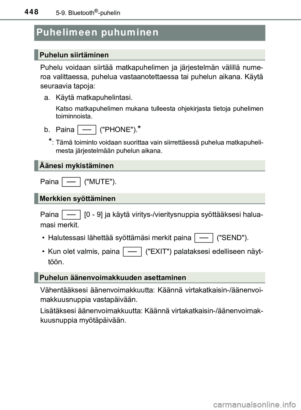 TOYOTA C-HR 2018 Omistajan Käsikirja (in Finnish) 4485-9. Bluetooth®-puhelin
C-HR_HV_OM_Europe_OM10576FI
Puhelimeen puhuminen
Puhelu voidaan siirtää matkapuhelimen ja järjestelmän välillä nume-
roa valittaessa, puhelua vastaanotett aessa tai p TOYOTA C-HR 2018 Omistajan Käsikirja (in Finnish) 4485-9. Bluetooth®-puhelin
C-HR_HV_OM_Europe_OM10576FI
Puhelimeen puhuminen
Puhelu voidaan siirtää matkapuhelimen ja järjestelmän välillä nume-
roa valittaessa, puhelua vastaanotett aessa tai p