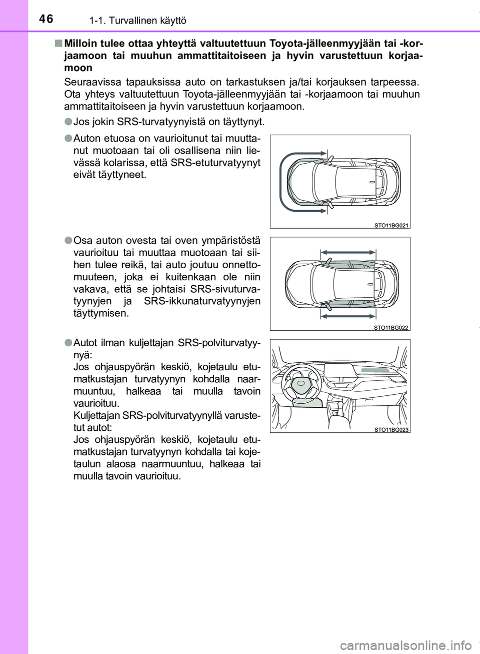 TOYOTA C-HR 2018 Omistajan Käsikirja (in Finnish) 461-1. Turvallinen käyttö
C-HR_HV_OM_Europe_OM10576FIn
Milloin tulee ottaa yhteyttä valtuutettuun Toyota-jälleenmyyjään tai -kor-
jaamoon tai muuhun ammattitaitoi seen ja hyvin varustettuun korj TOYOTA C-HR 2018 Omistajan Käsikirja (in Finnish) 461-1. Turvallinen käyttö
C-HR_HV_OM_Europe_OM10576FIn
Milloin tulee ottaa yhteyttä valtuutettuun Toyota-jälleenmyyjään tai -kor-
jaamoon tai muuhun ammattitaitoi seen ja hyvin varustettuun korj