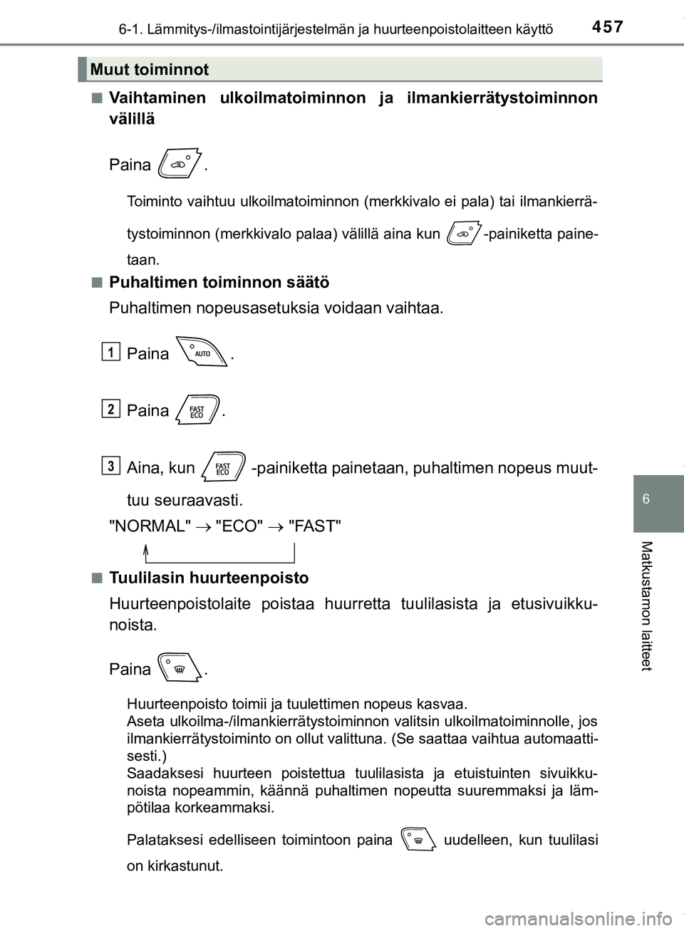 TOYOTA C-HR 2018 Omistajan Käsikirja (in Finnish) 4576-1. Lämmitys-/ilmastointijärjestelmän ja huurteenpoistolaitteen käyttö
C-HR_HV_OM_Europe_OM10576FI
6
Matkustamon laitteet
nVaihtaminen ulkoilmatoiminnon ja ilmankierrätystoiminnon
välillä
TOYOTA C-HR 2018 Omistajan Käsikirja (in Finnish) 4576-1. Lämmitys-/ilmastointijärjestelmän ja huurteenpoistolaitteen käyttö
C-HR_HV_OM_Europe_OM10576FI
6
Matkustamon laitteet
nVaihtaminen ulkoilmatoiminnon ja ilmankierrätystoiminnon
välillä