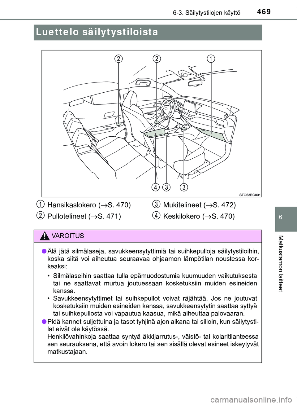 TOYOTA C-HR 2018 Omistajan Käsikirja (in Finnish) 4696-3. Säilytystilojen käyttö
C-HR_HV_OM_Europe_OM10576FI
6
Matkustamon laitteet
Luettelo säilytystiloista
Hansikaslokero (S. 470)
Pullotelineet ( S. 471) Mukitelineet (
S. 472)
Keskilok TOYOTA C-HR 2018 Omistajan Käsikirja (in Finnish) 4696-3. Säilytystilojen käyttö
C-HR_HV_OM_Europe_OM10576FI
6
Matkustamon laitteet
Luettelo säilytystiloista
Hansikaslokero (S. 470)
Pullotelineet ( S. 471) Mukitelineet (
S. 472)
Keskilok