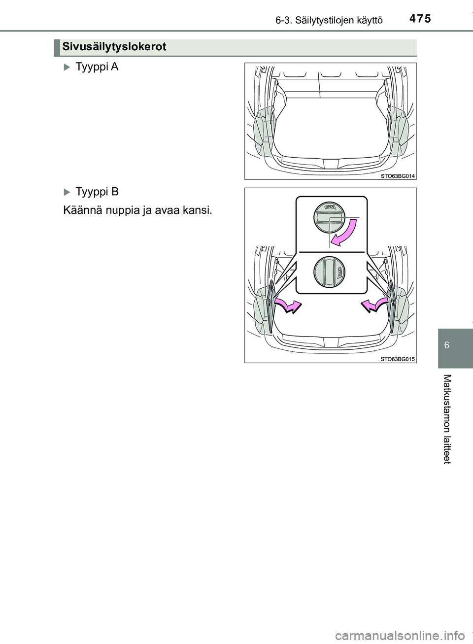 TOYOTA C-HR 2018  Omistajan Käsikirja (in Finnish) 4756-3. Säilytystilojen käyttö
C-HR_HV_OM_Europe_OM10576FI
6
Matkustamon laitteet
Ty y p p i  A
Ty y p p i  B
Käännä nuppia ja avaa kansi.
Sivusäilytyslokerot
C-HR_HV_OM_Europe_OM10576FI 