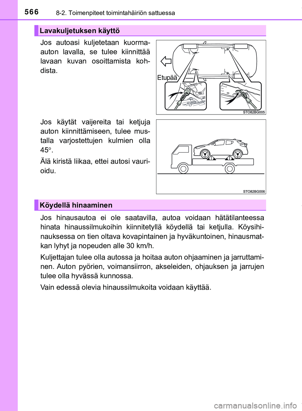 TOYOTA C-HR 2018  Omistajan Käsikirja (in Finnish) 5668-2. Toimenpiteet toimintahäiriön sattuessa
C-HR_HV_OM_Europe_OM10576FI
Jos autoasi kuljetetaan kuorma-
auton lavalla, se tulee kiinnittää
lavaan kuvan osoittamista koh-
dista.
Jos käytät vai