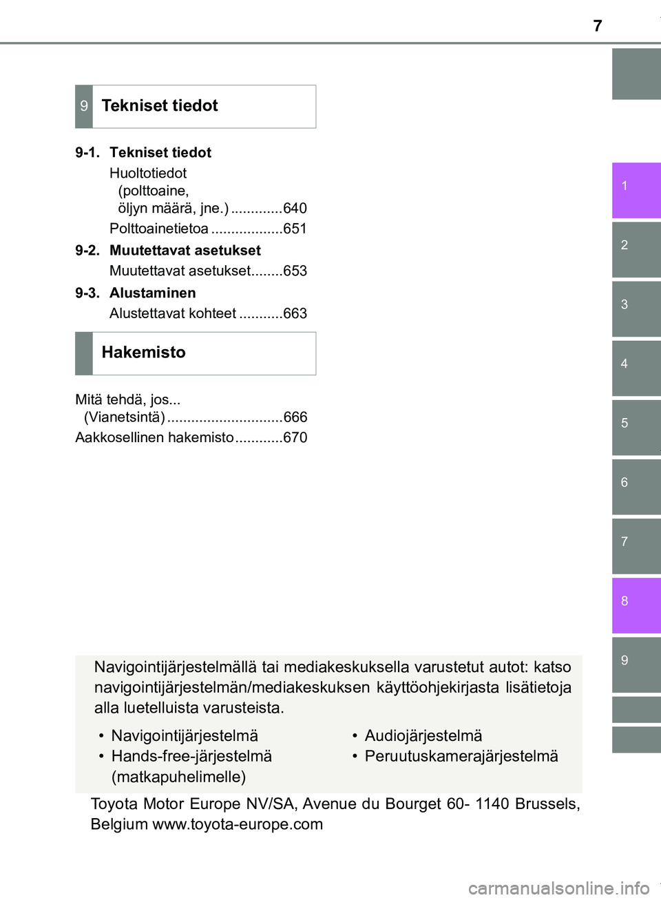 TOYOTA C-HR 2018  Omistajan Käsikirja (in Finnish) 7
1
6 5
4
3
2
C-HR_HV_OM_Europe_OM10576FI
9
8
7
9-1. Tekniset tiedotHuoltotiedot(polttoaine, 
öljyn määrä, jne.) .............640
Polttoainetietoa ..................651
9-2. Muutettavat asetukset 